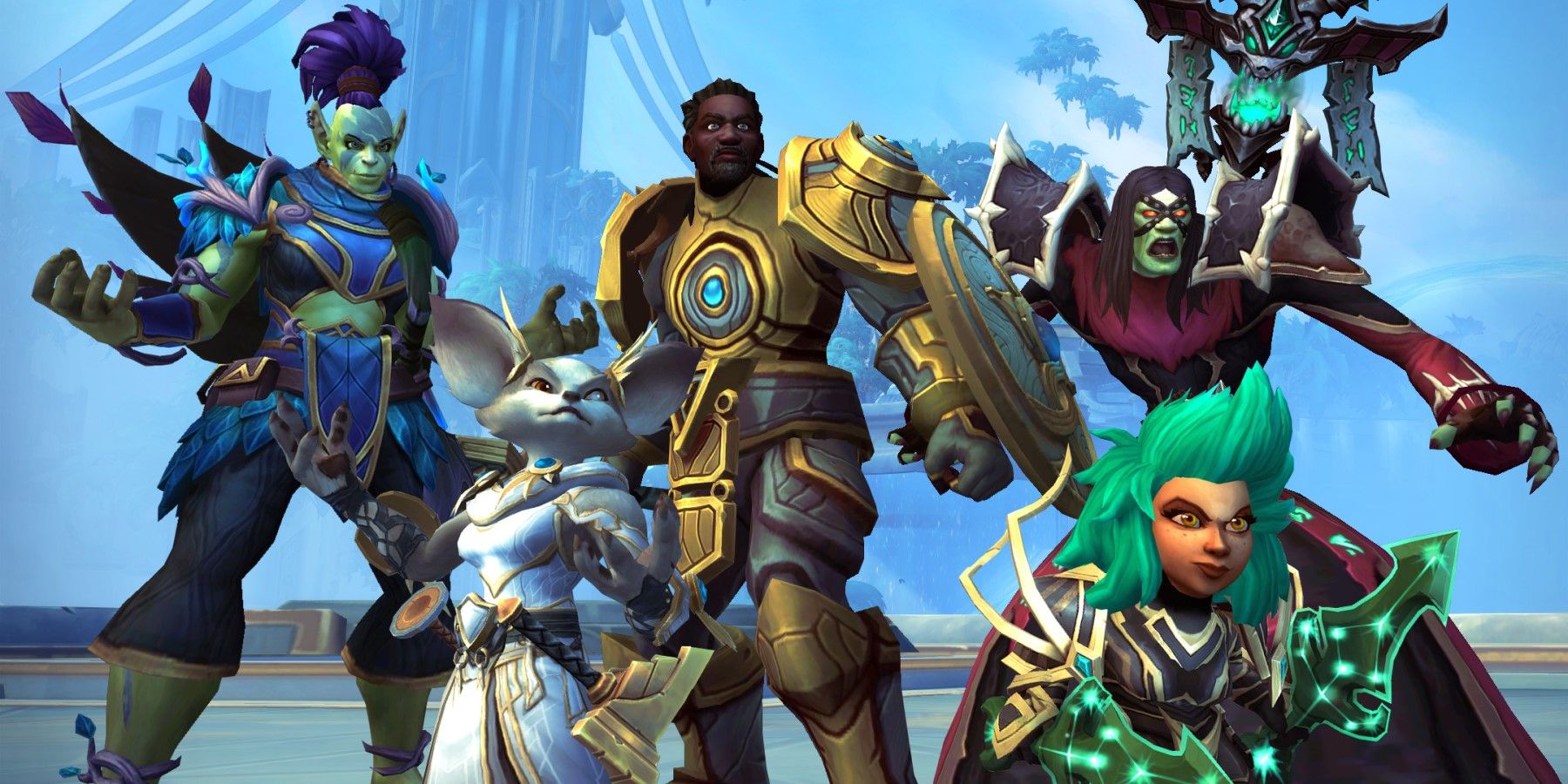 a cross faction party consisting of an orc, vulpera, human, gnome, and undead from wow in bastion