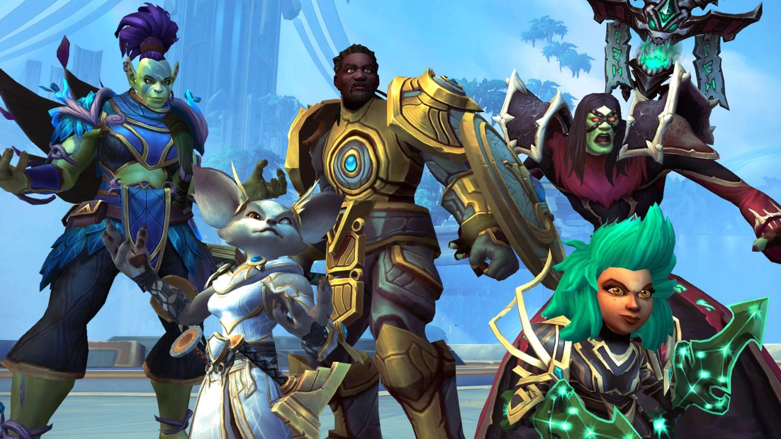 a cross faction party consisting of an orc, vulpera, human, gnome, and undead from wow in bastion