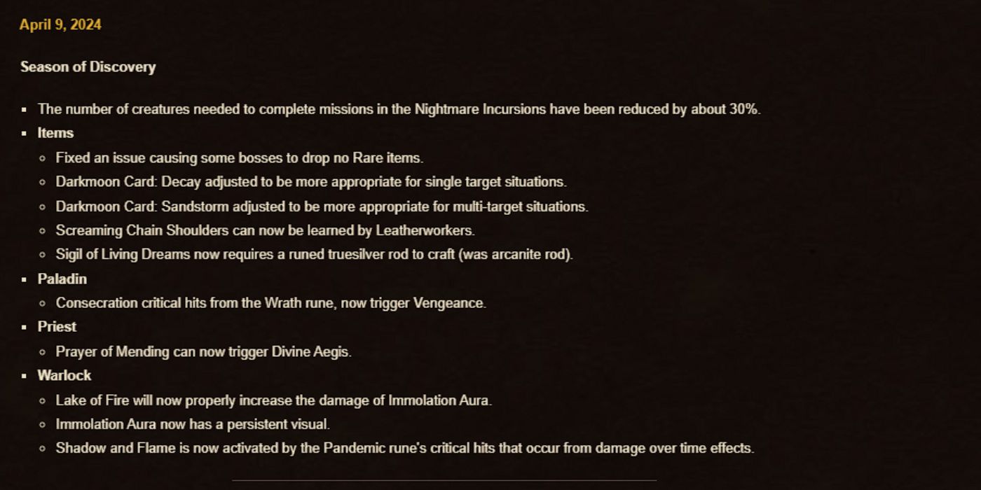 WoW SoD Patch Notes April 9 2024