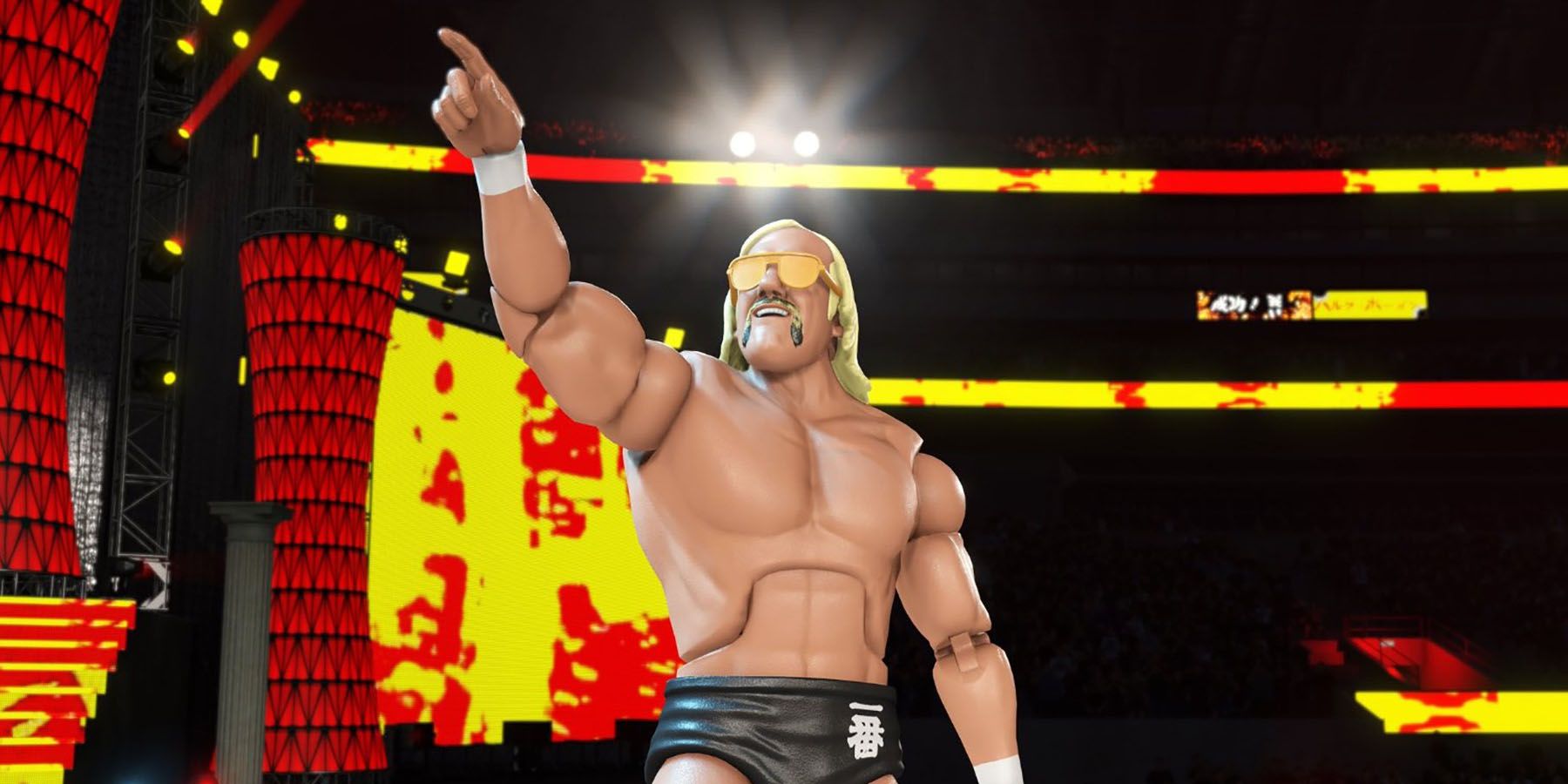 A screenshot of Action Figure Hulk Hogan making his entrance in WWE 2K24.