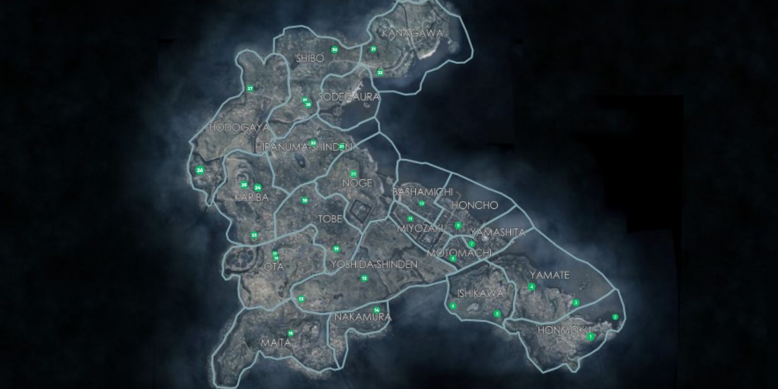 The Rise Of The Ronin character is displaying the locations of all the Fugitives in Yokohama Region.