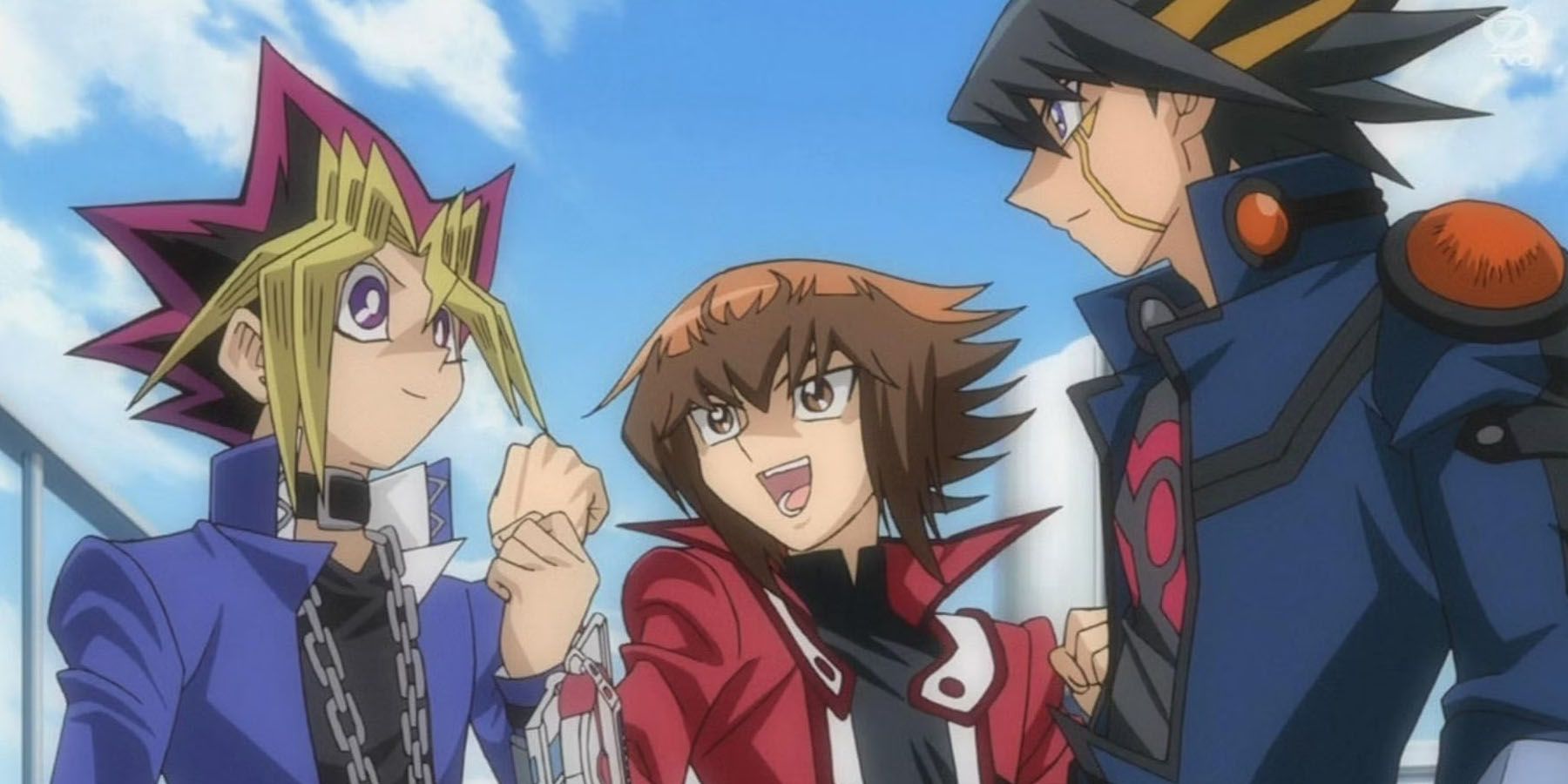 A screenshot of Yugi, Jaden, and Yusei from the Yu-Gi-Oh anime.