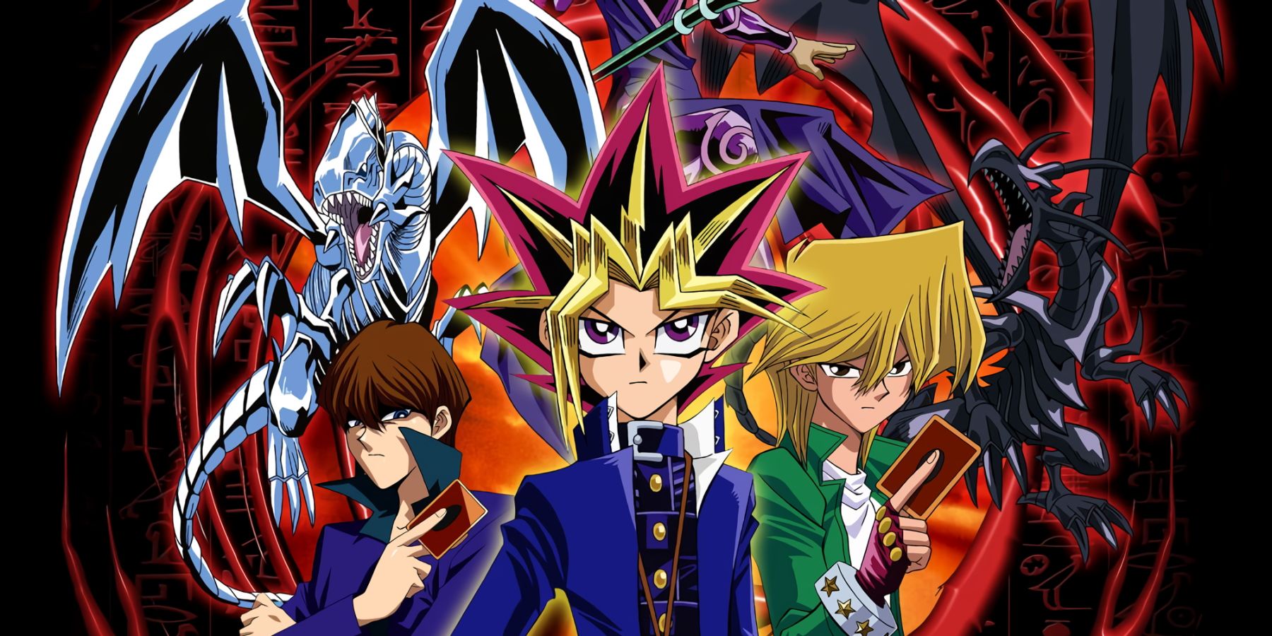 A promotional visual for the Yu-Gi-Oh anime featuring Yugi, Joey, and Kaiba.