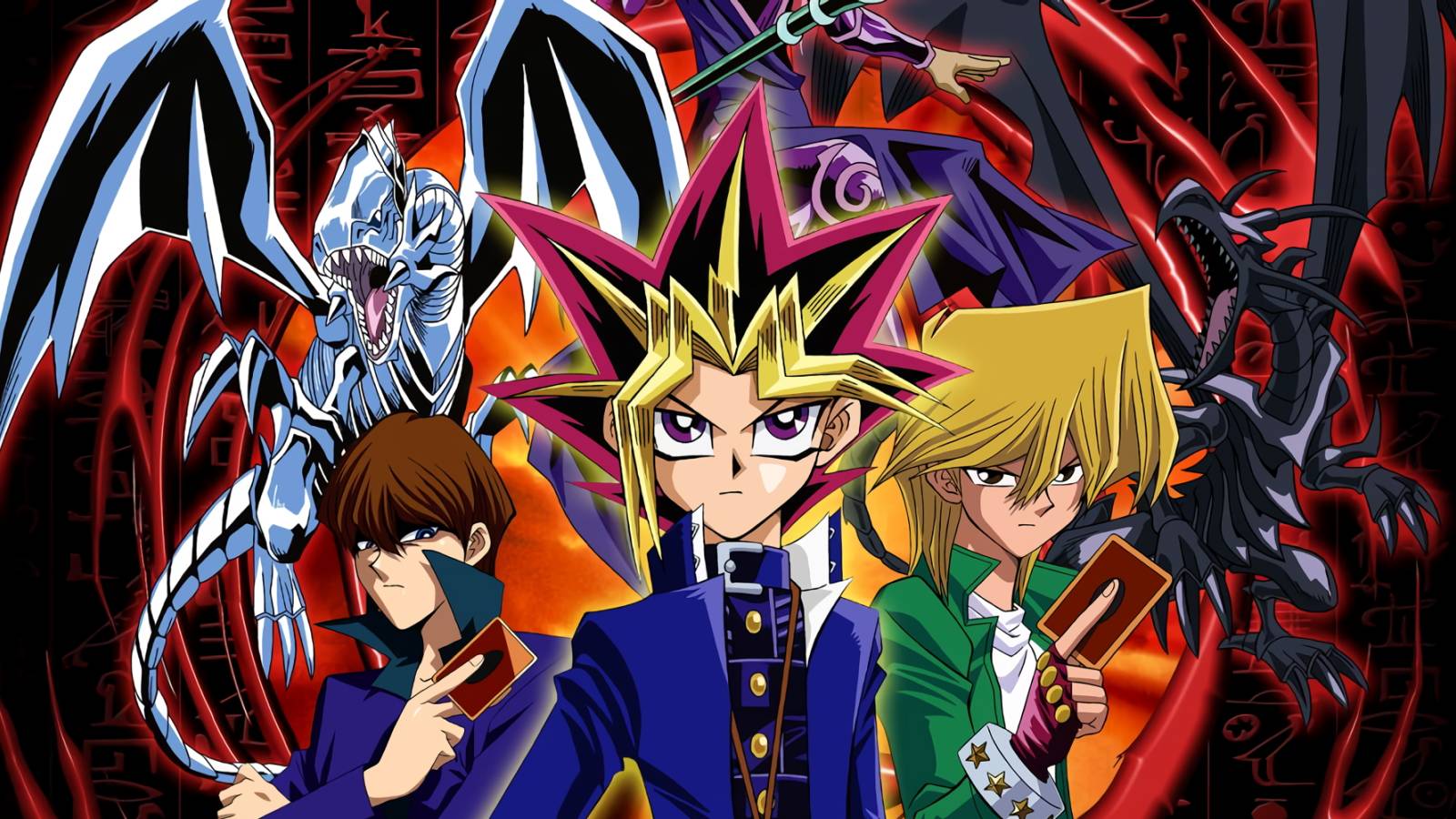 A promotional visual for the Yu-Gi-Oh anime featuring Yugi, Joey, and Kaiba.
