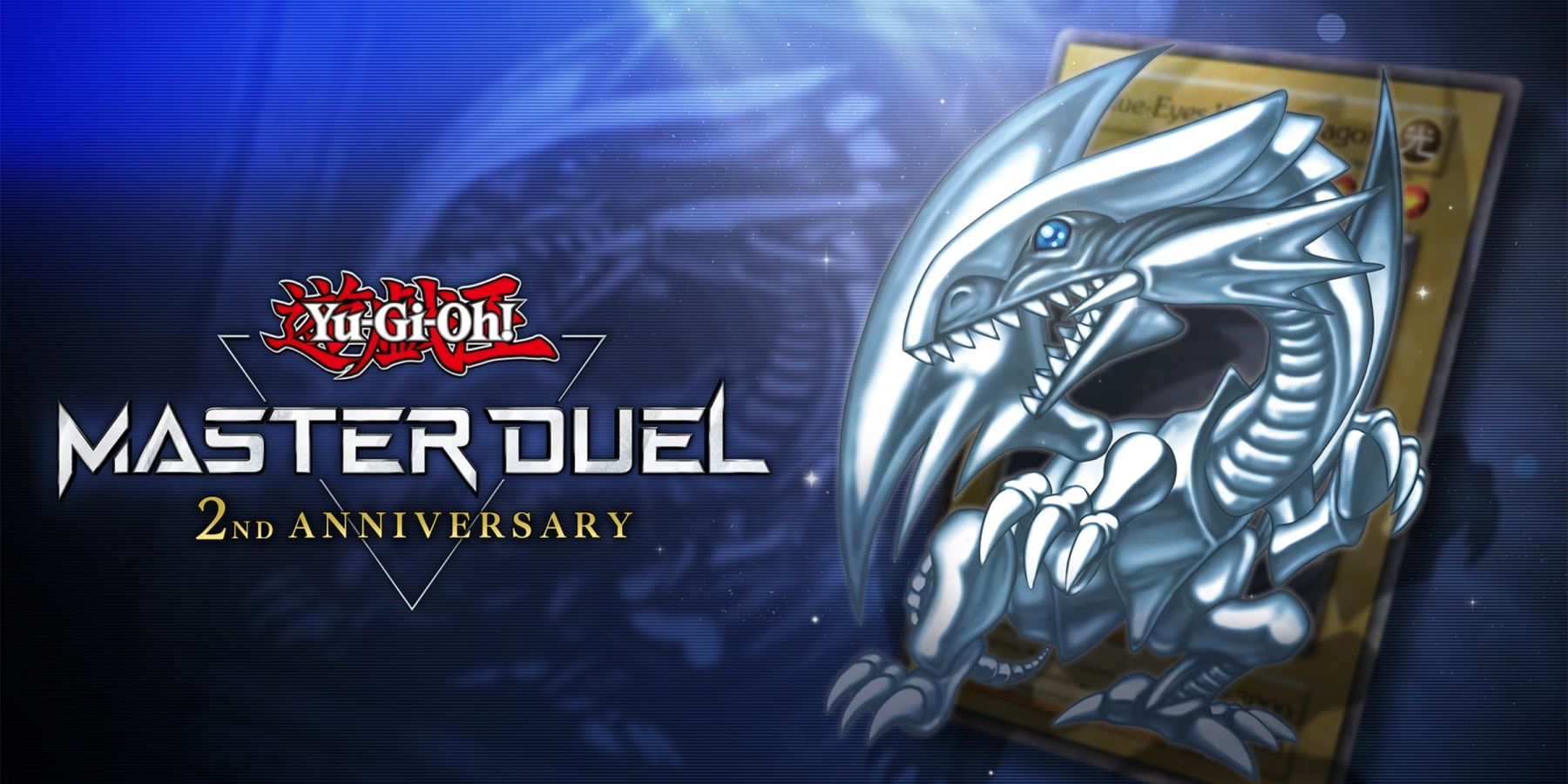 A promotional image for Yu-Gi-Oh Master Duel's second anniversary featuring the Blue-Eyes White Dragon.