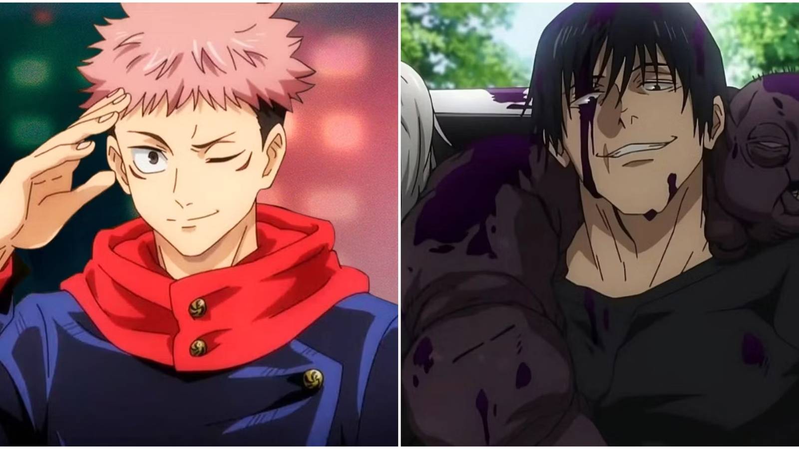 Yuji saluting and Toji smiling in Jujutsu Kaisen