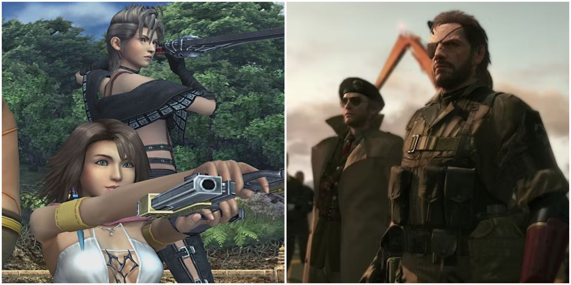 Yuna and Paine in Final Fantasy 10-2 and Solid Snake in Metal Gear Solid The Phantom Pain