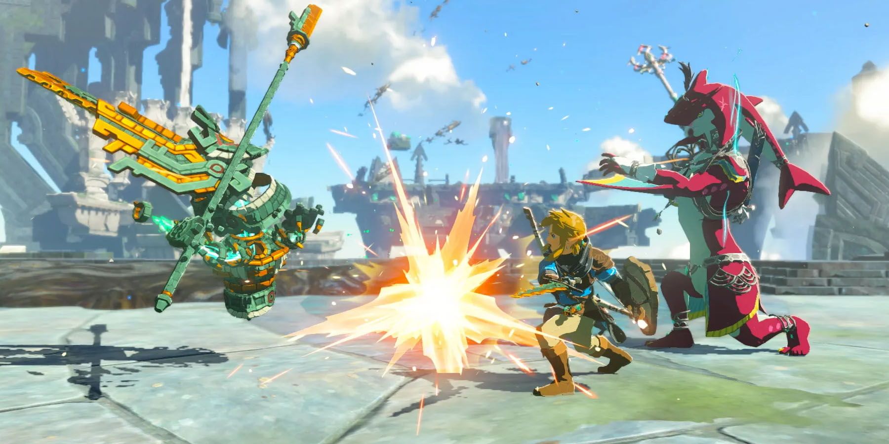 A screenshot of Link and Sidon battling an enemy in The Legend of Zelda: Tears of the Kingdom.