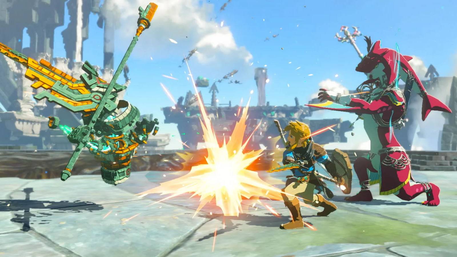 A screenshot of Link and Sidon battling an enemy in The Legend of Zelda: Tears of the Kingdom.