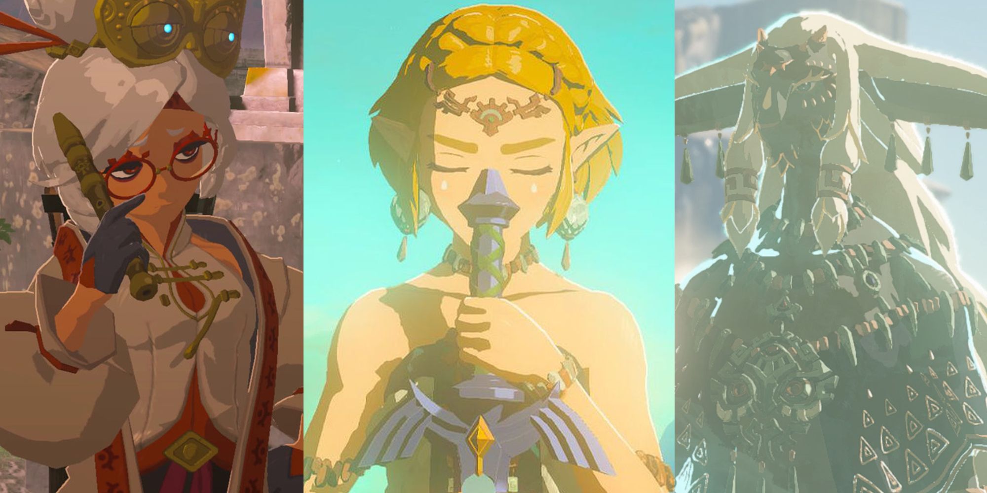 Purah fixing her glasses; Zelda holding the Master Sword; Rauru's ghost in the sky