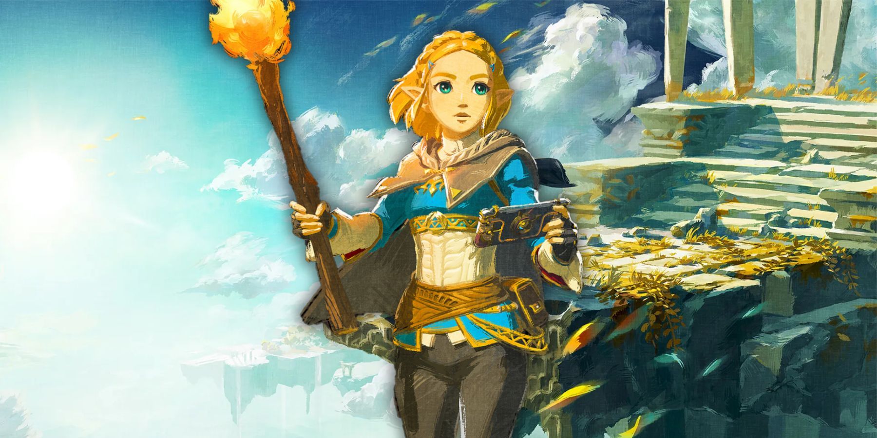 Princess Zelda wields a Purah Pad and torch in front of a part of the ruins in the sky. 