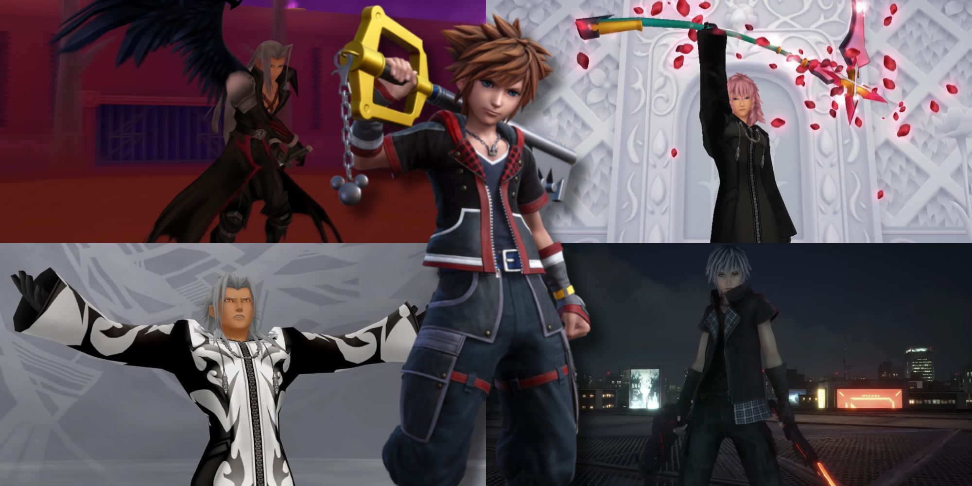 A collage of Sora alongside 4 of the best bosses in the Kingdom Hearts series: Sephiroth, Marluxia, Xemnas and Yozora.