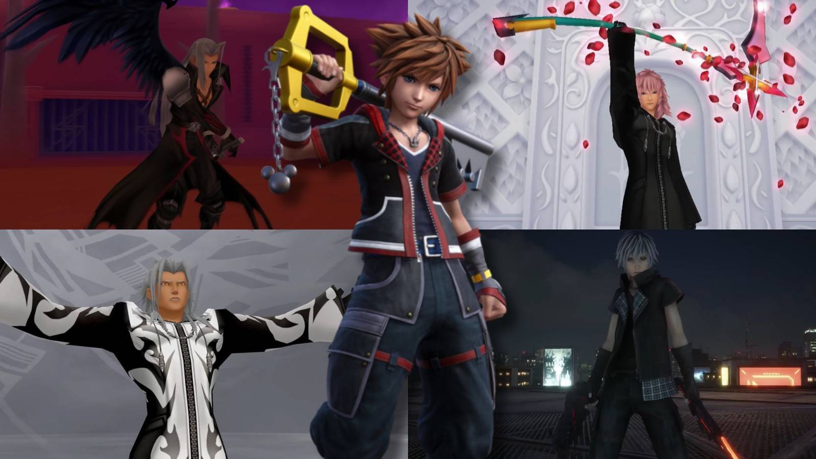 A collage of Sora alongside 4 of the best bosses in the Kingdom Hearts series: Sephiroth, Marluxia, Xemnas and Yozora.
