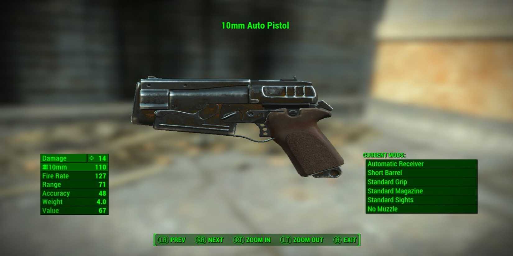 Inspecting a 10mm Auto Pistol in Fallout 4