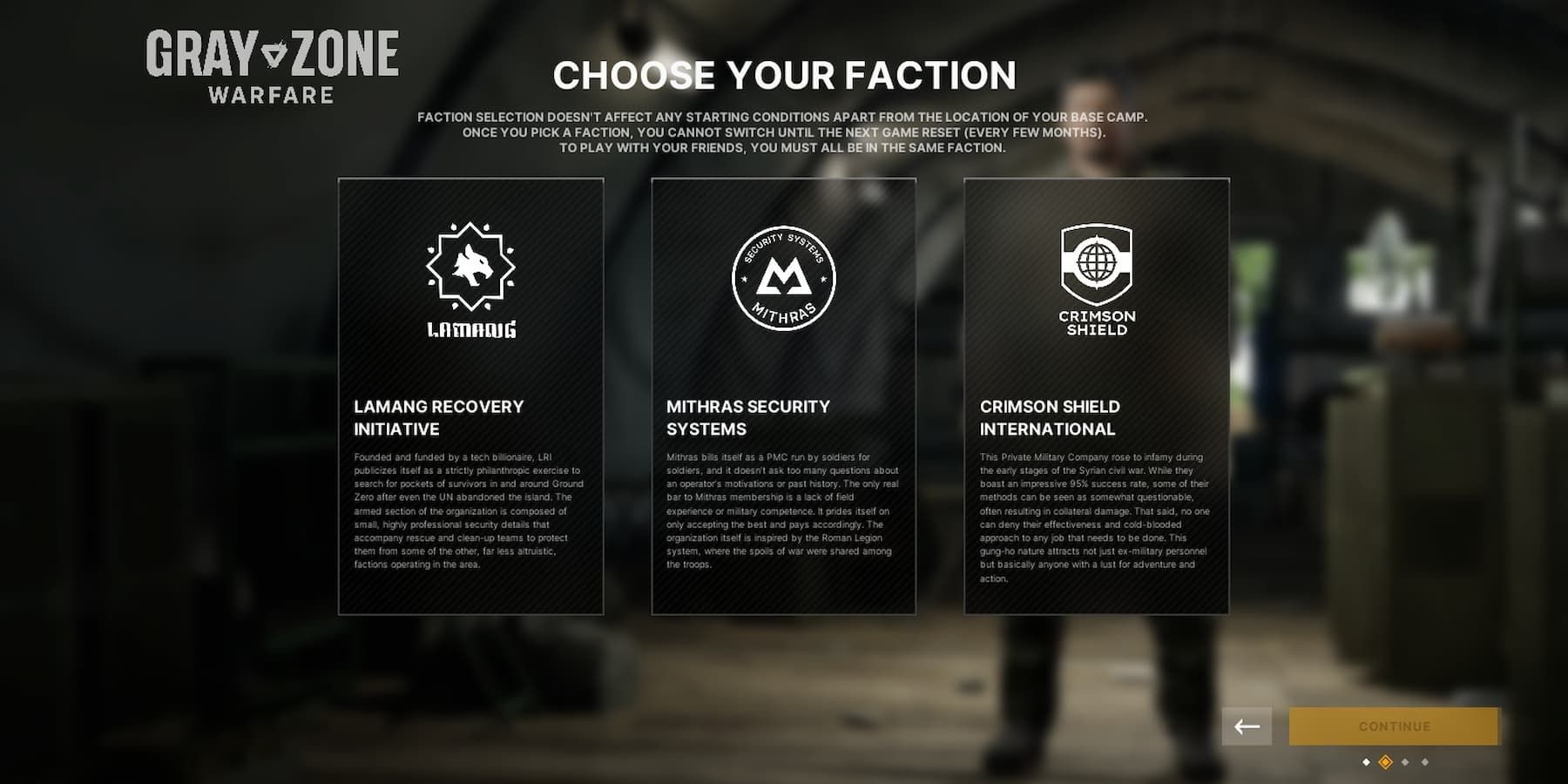 The faction selection screen in Gray Zone Warfare