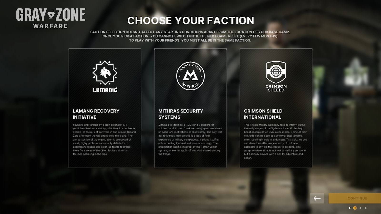 The faction selection screen in Gray Zone Warfare
