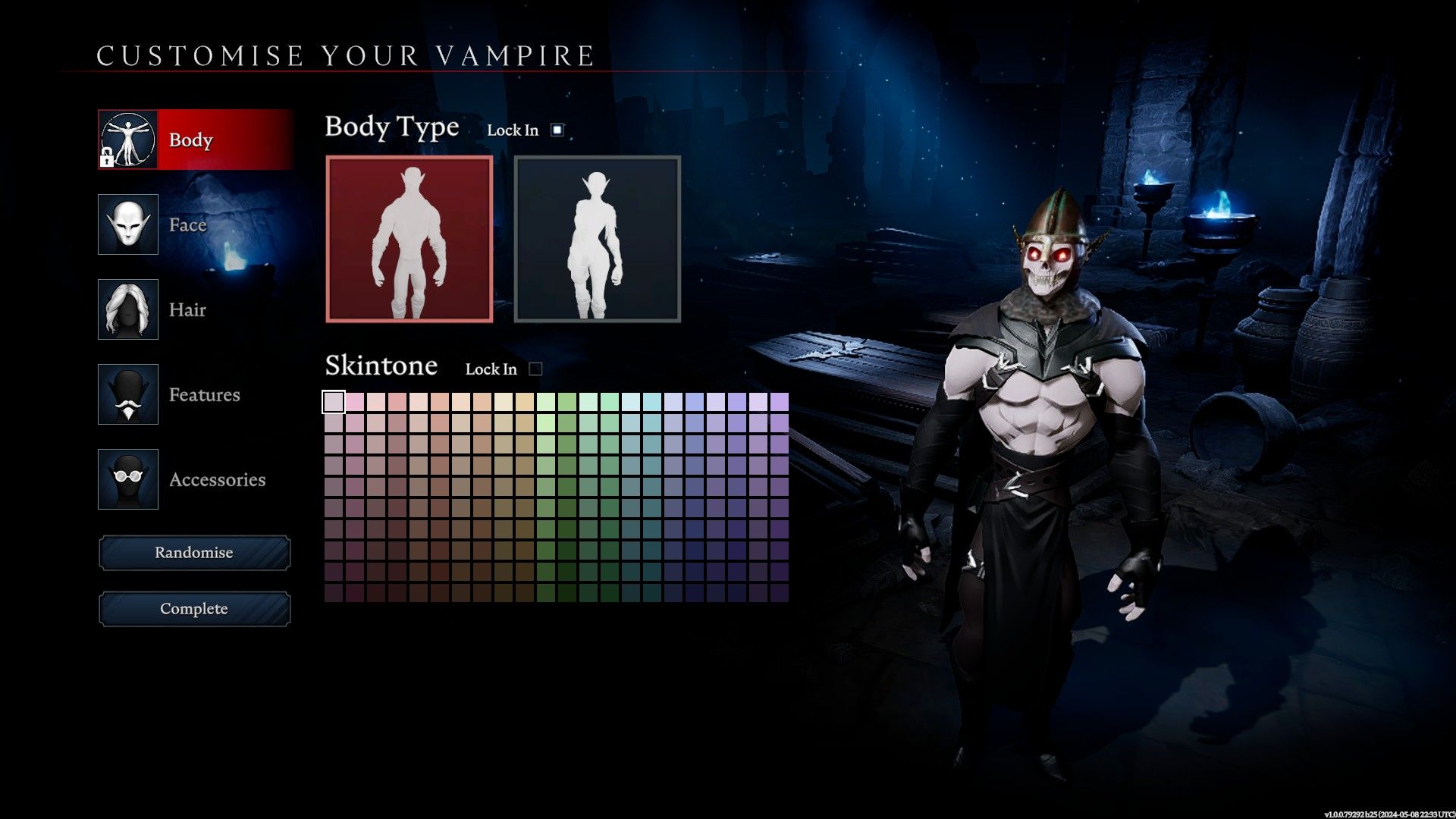 The character customization screen in V Rising