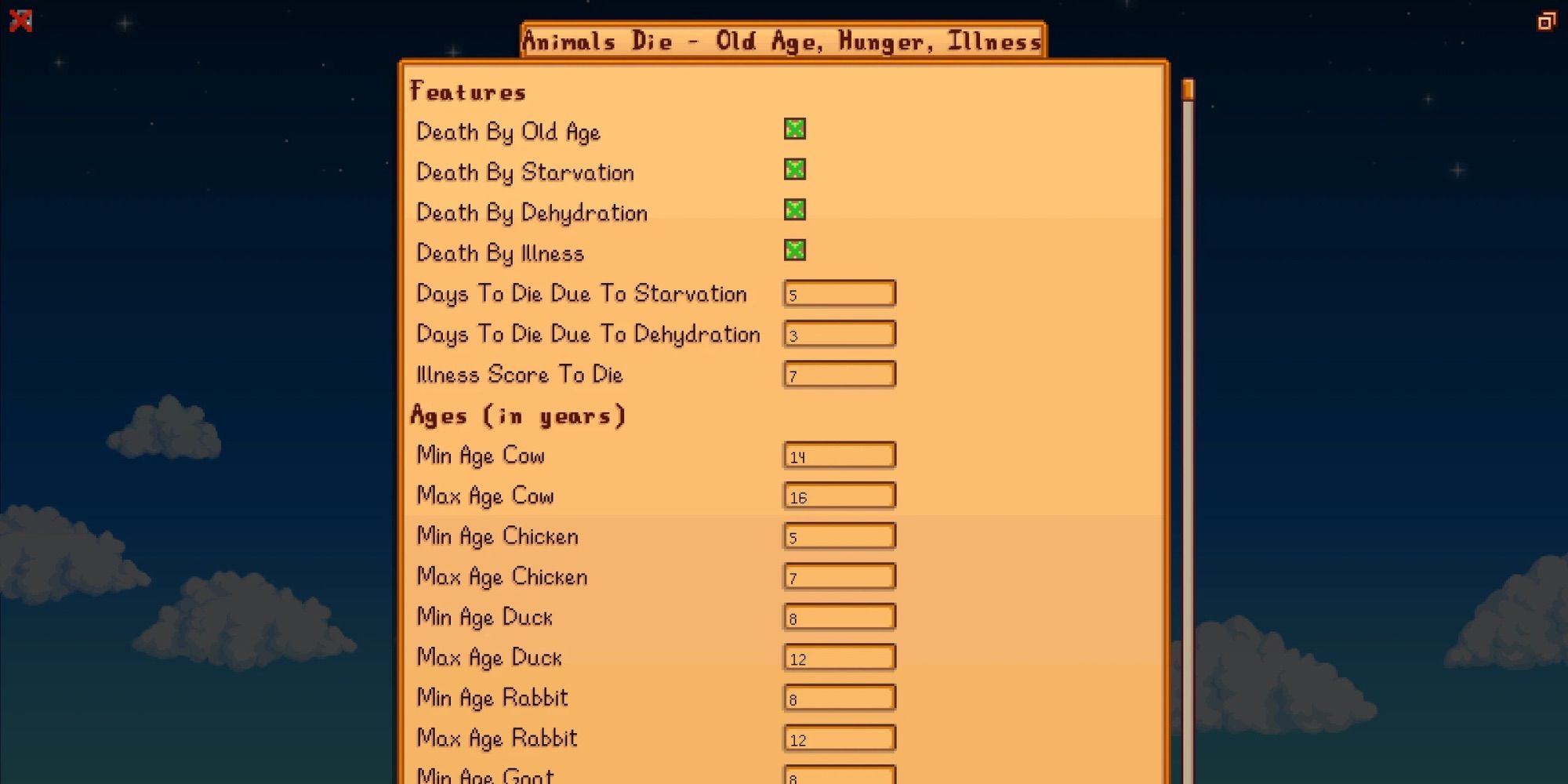 Animals Die Mod menu in Stardew Valley