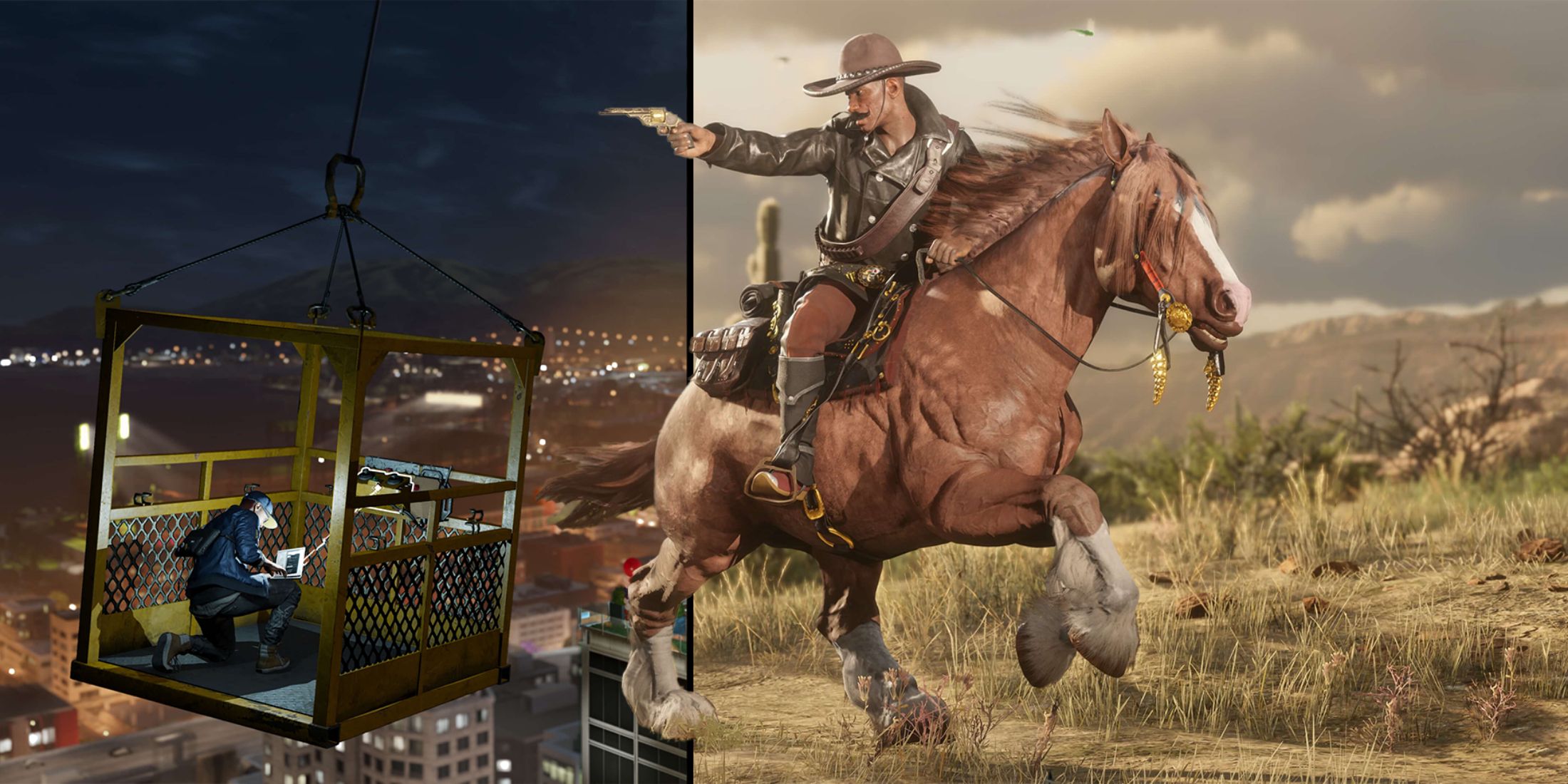 A split image of Watch Dogs and Red Dead Redemption Online