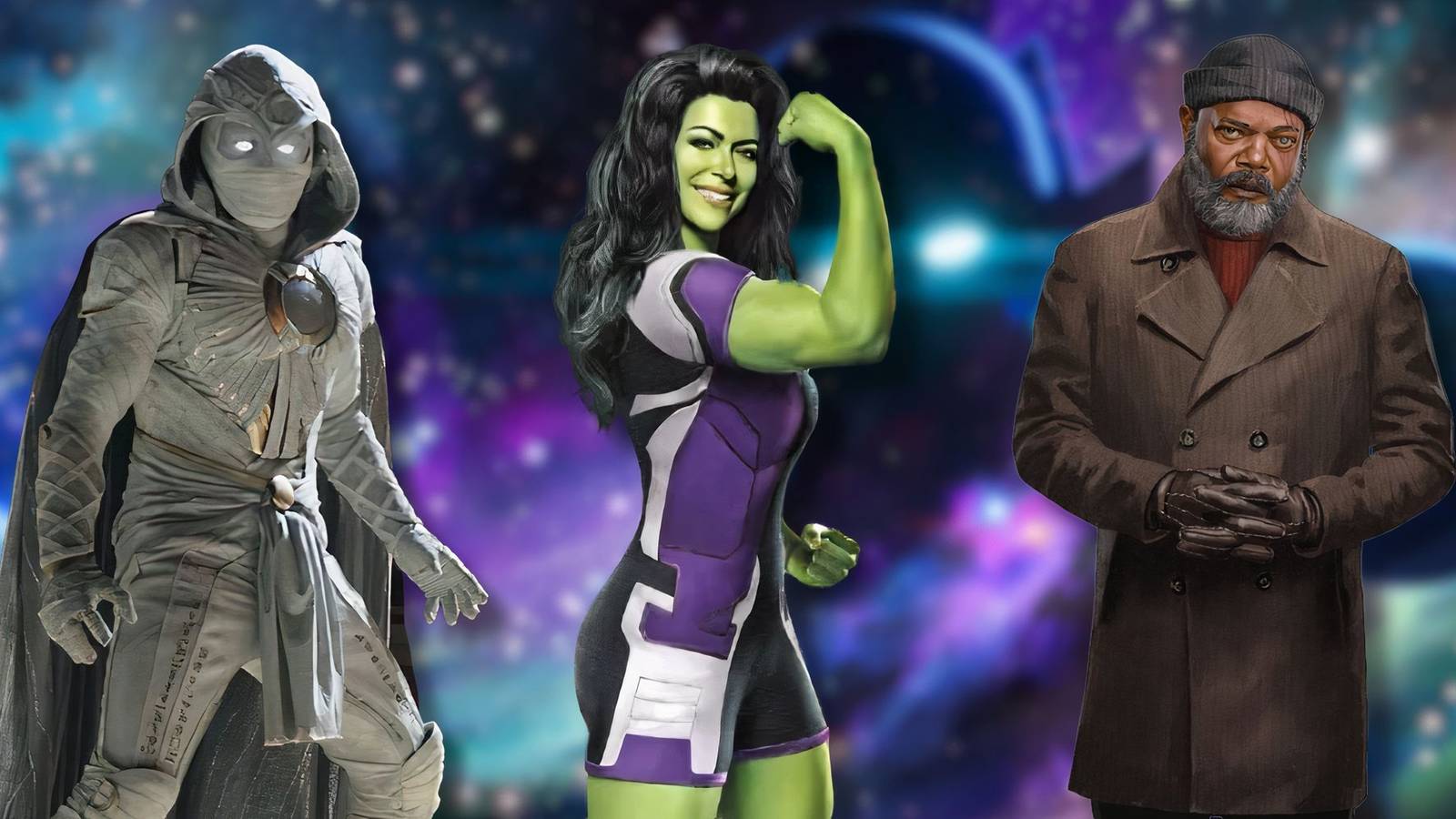 A collage of characters from 3 MCU projects that can be skipped: Moon Knight, She-Hulk and Nick Fury.