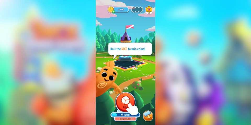 A character in Dice Dreams pointing at the roll button