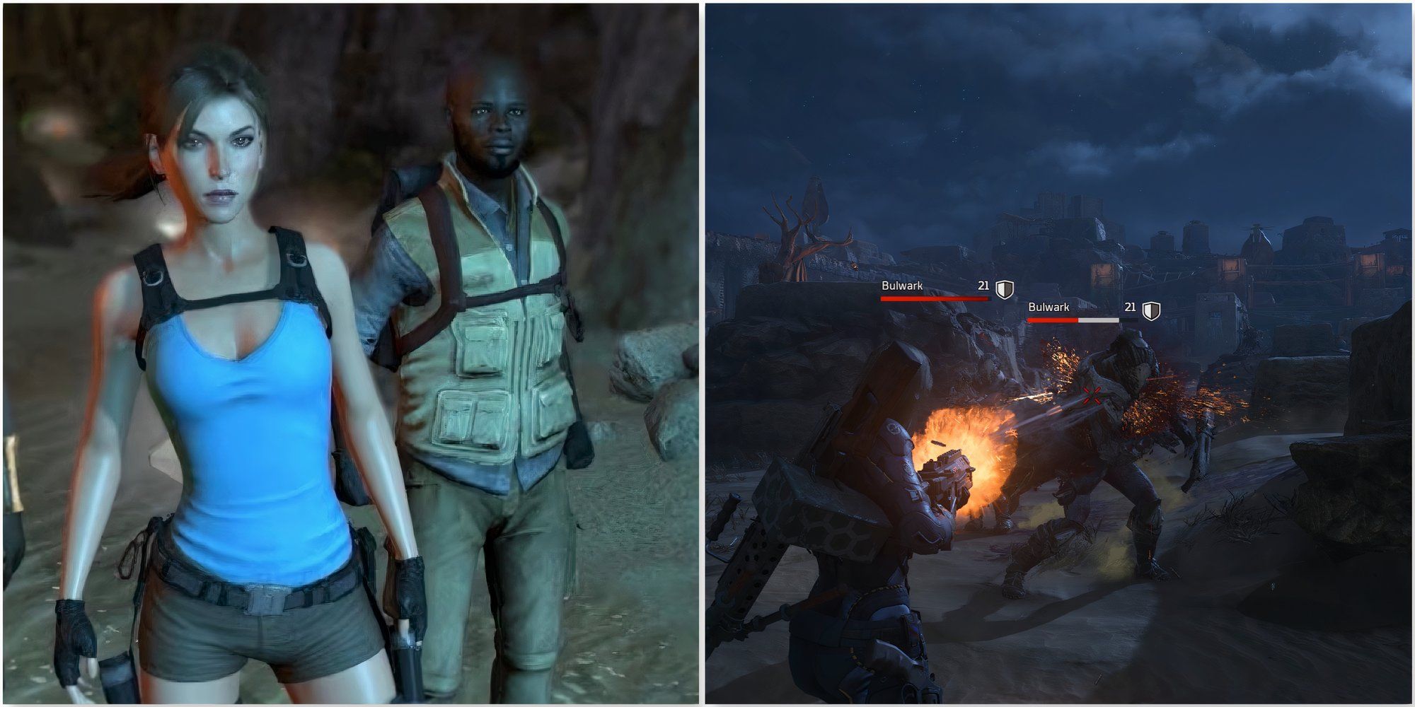 A cutscene featuring characters in Lara Croft And The Temple Of Osiris and Fighting enemies in Outriders