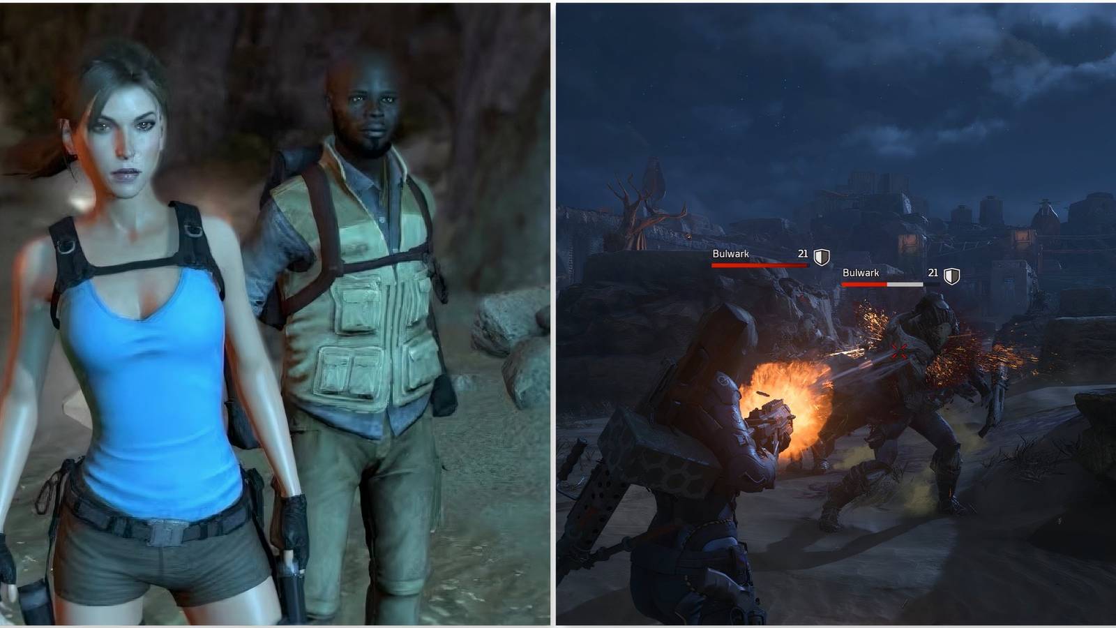 A cutscene featuring characters in Lara Croft And The Temple Of Osiris and Fighting enemies in Outriders