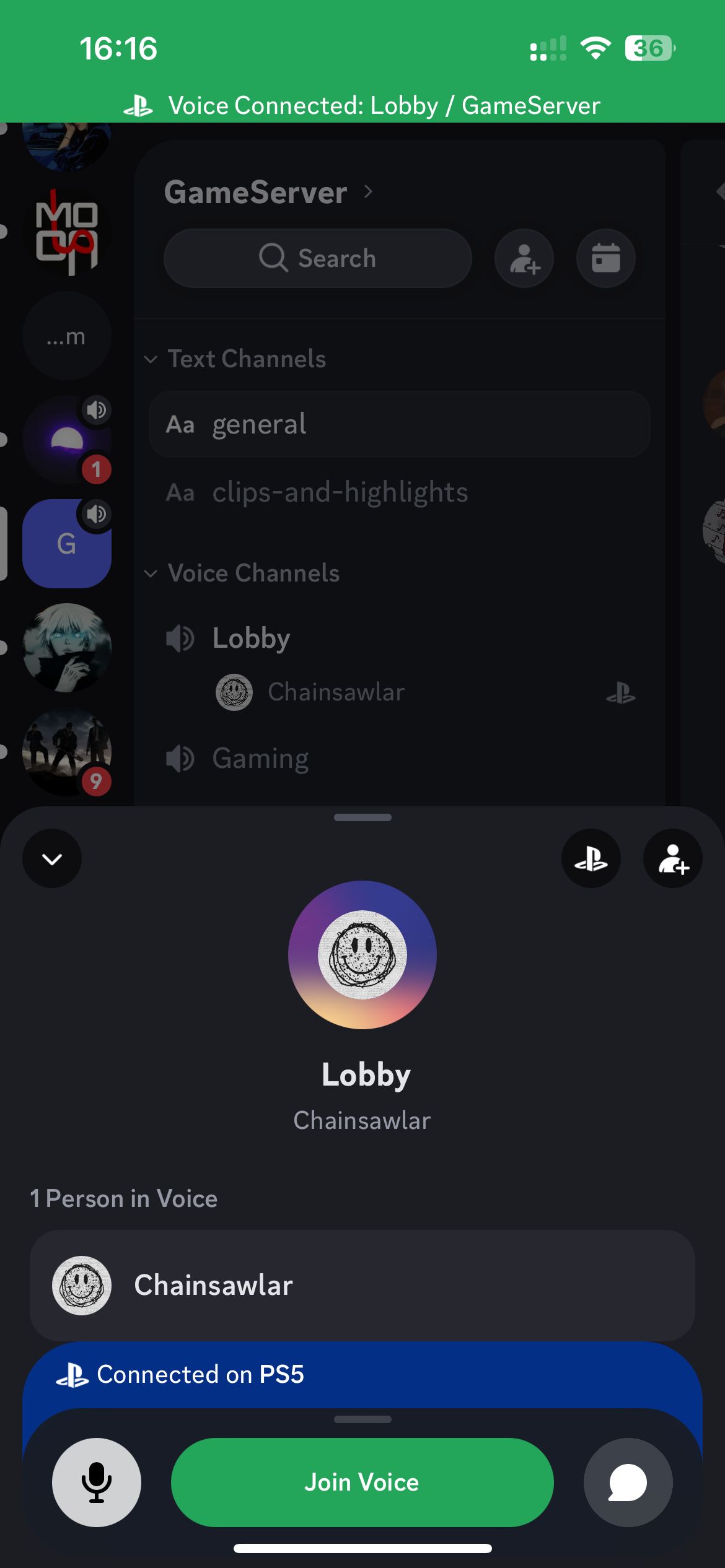 A Discord call diverted to PlayStation on Mobile