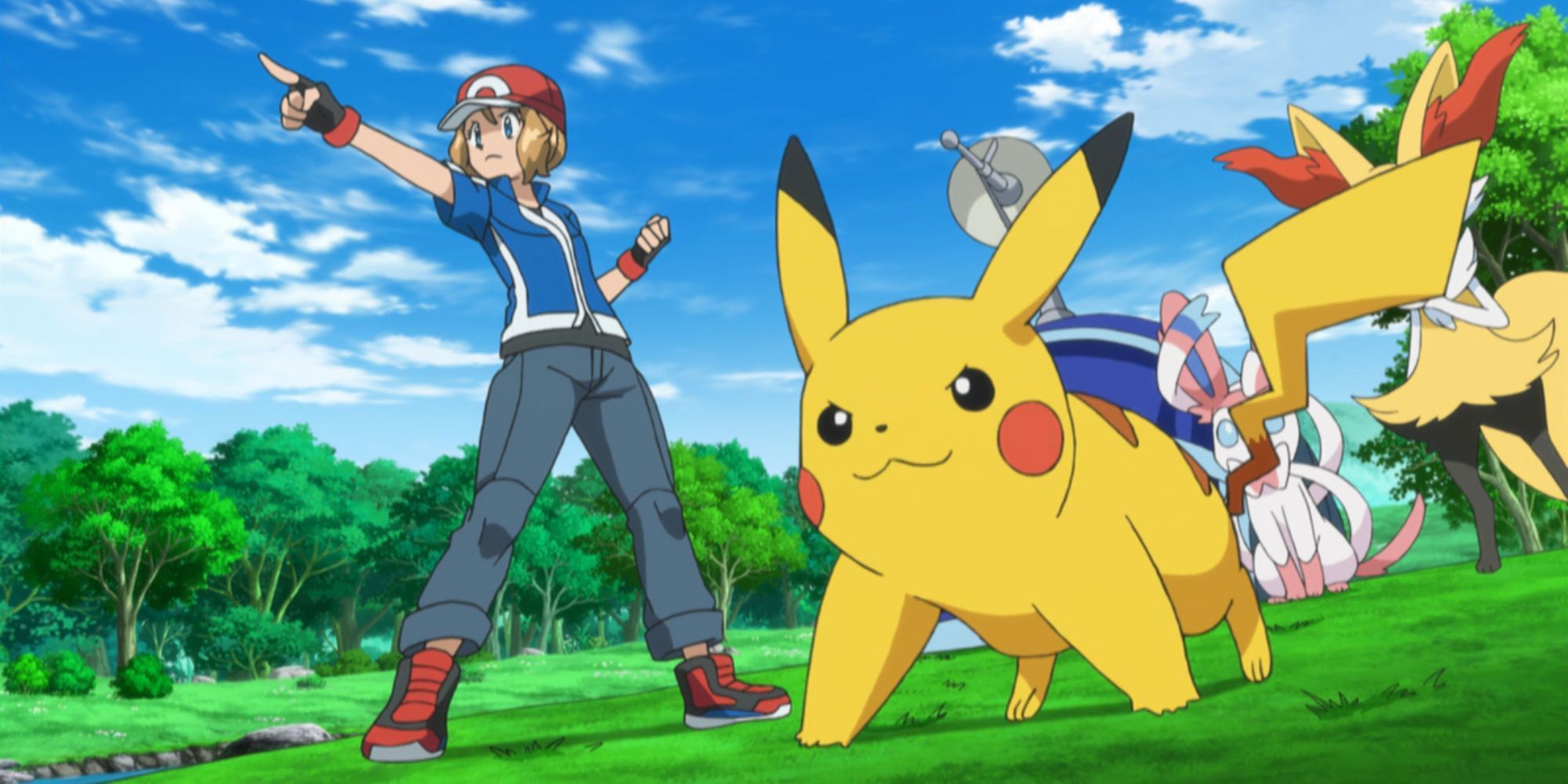 A disguised Serena fights alongside Pikachu.