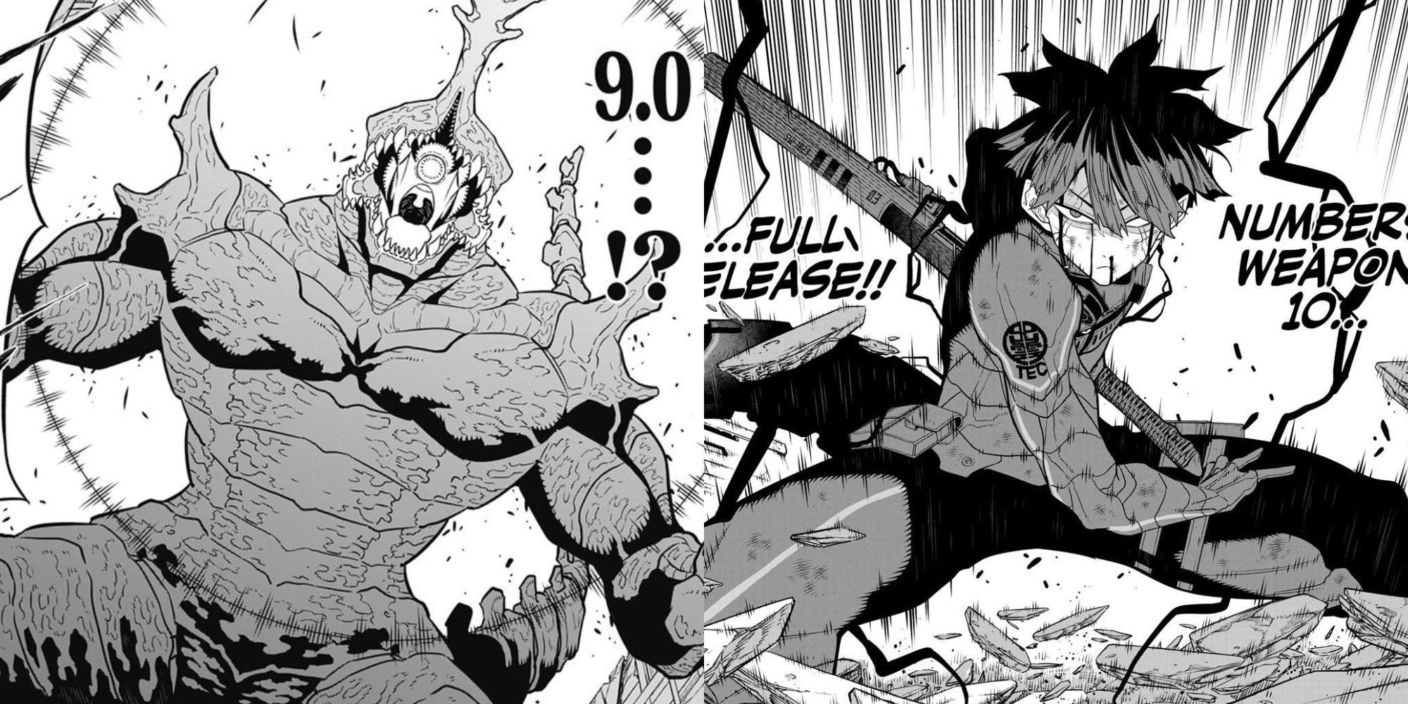 A gigantic Kaiju No. 10 attacks Hoshina, and Hoshina using Numbers Weapon 10 at full power.