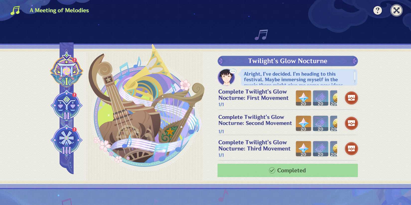a meeting of melodies event guide genshin impact 4.6 stage 1 twlight glow nocturne