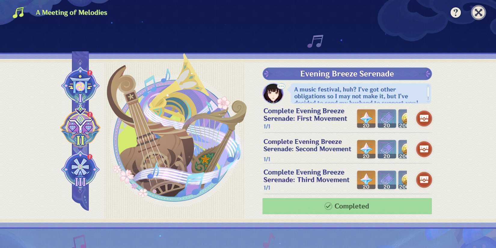 a meeting of melodies event guide genshin impact 4.6 stage 2 evening breeze serenade