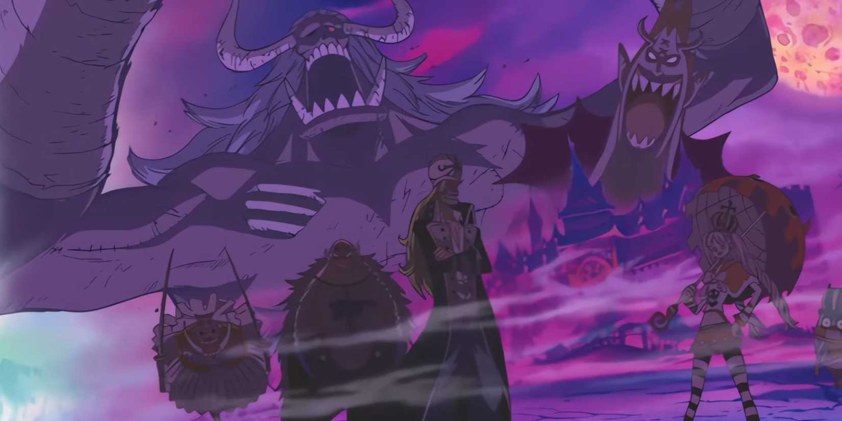 A picture of the Thriller Bark Pirates in opening 9 of the One Piece anime.