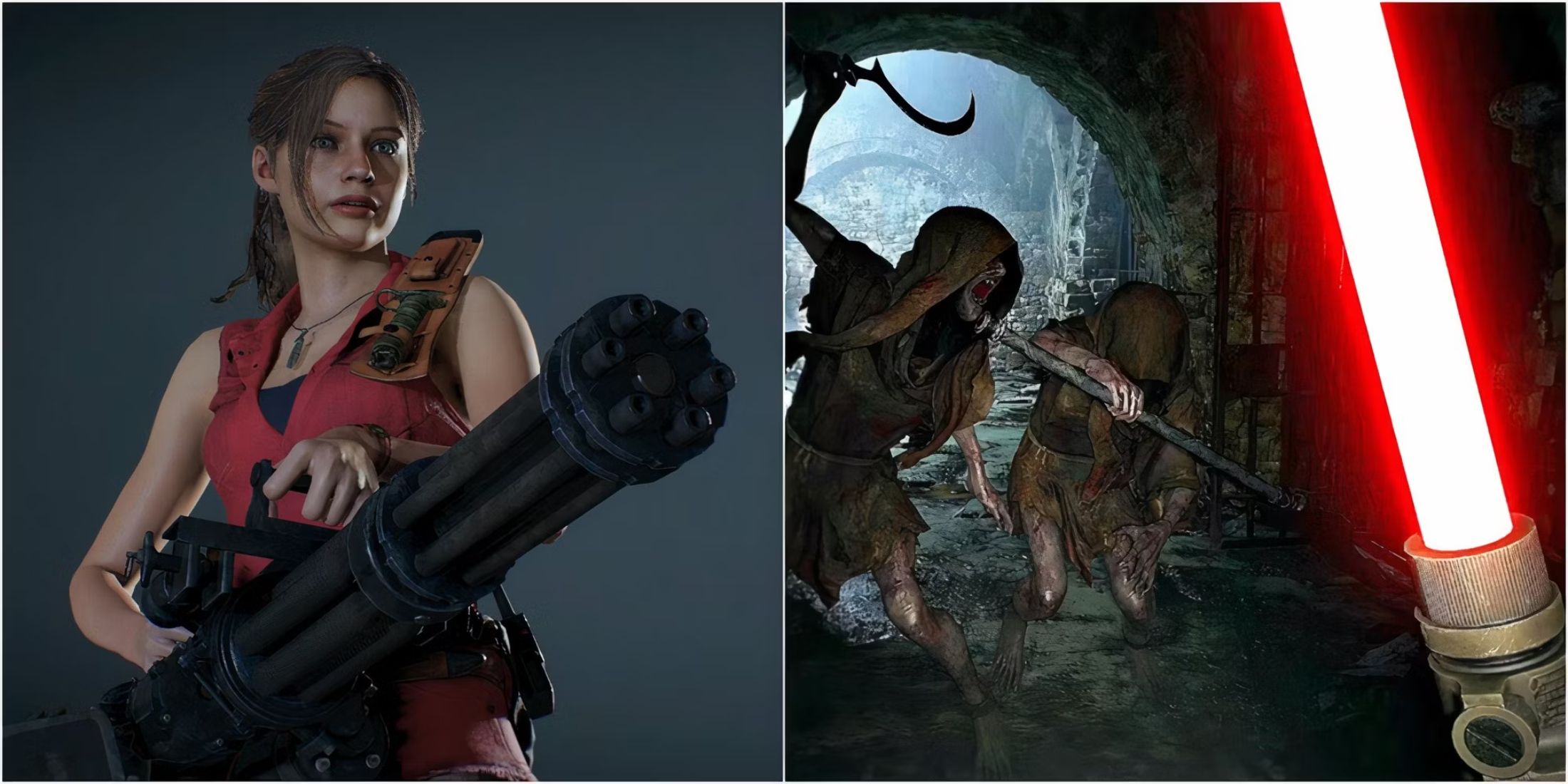 A split image of Claire with a minigun and a player swinging a LZ Answerer at two ghoul enemies in Resident Evil  (1)-1
