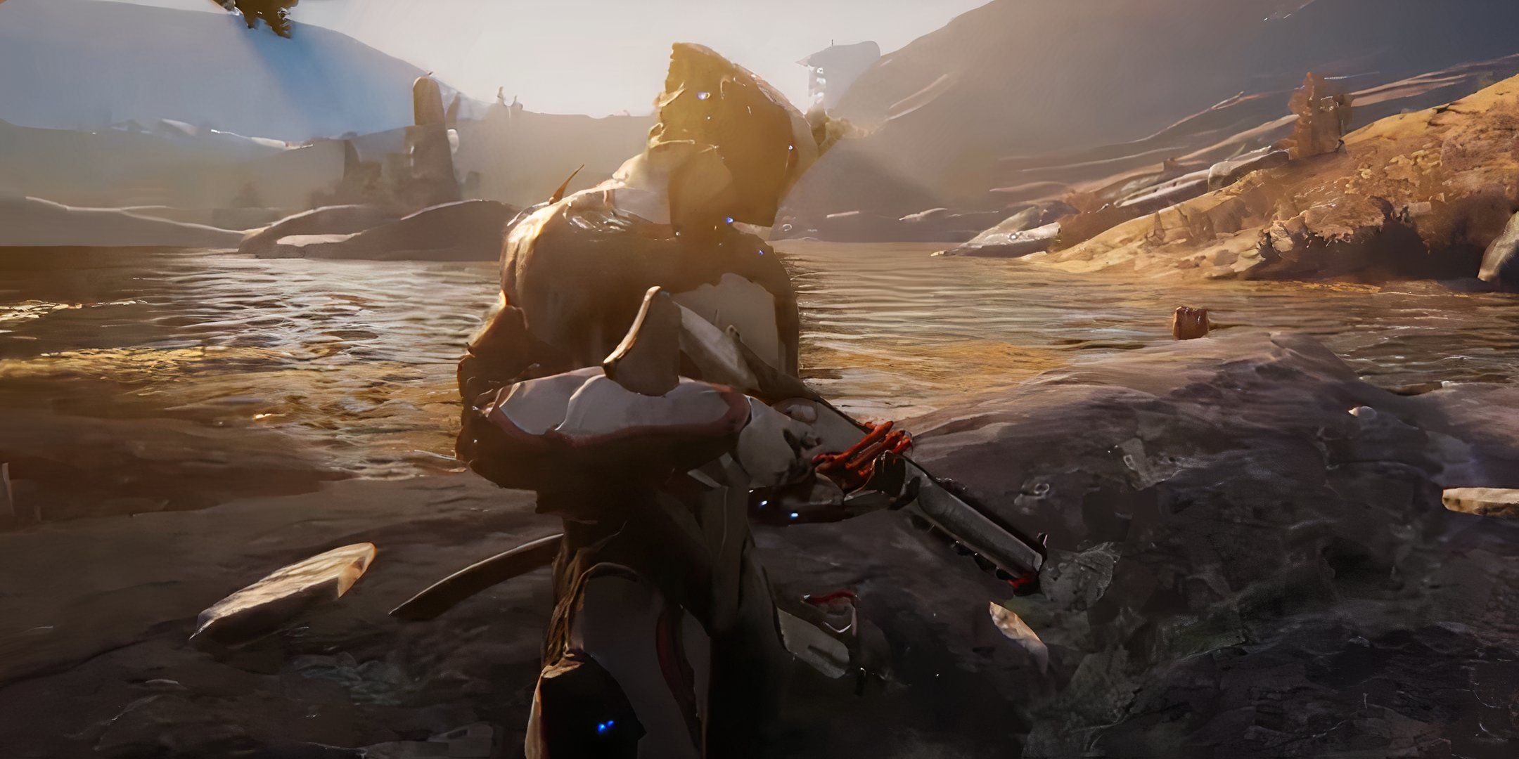 A Tenno with a gun in Warframe