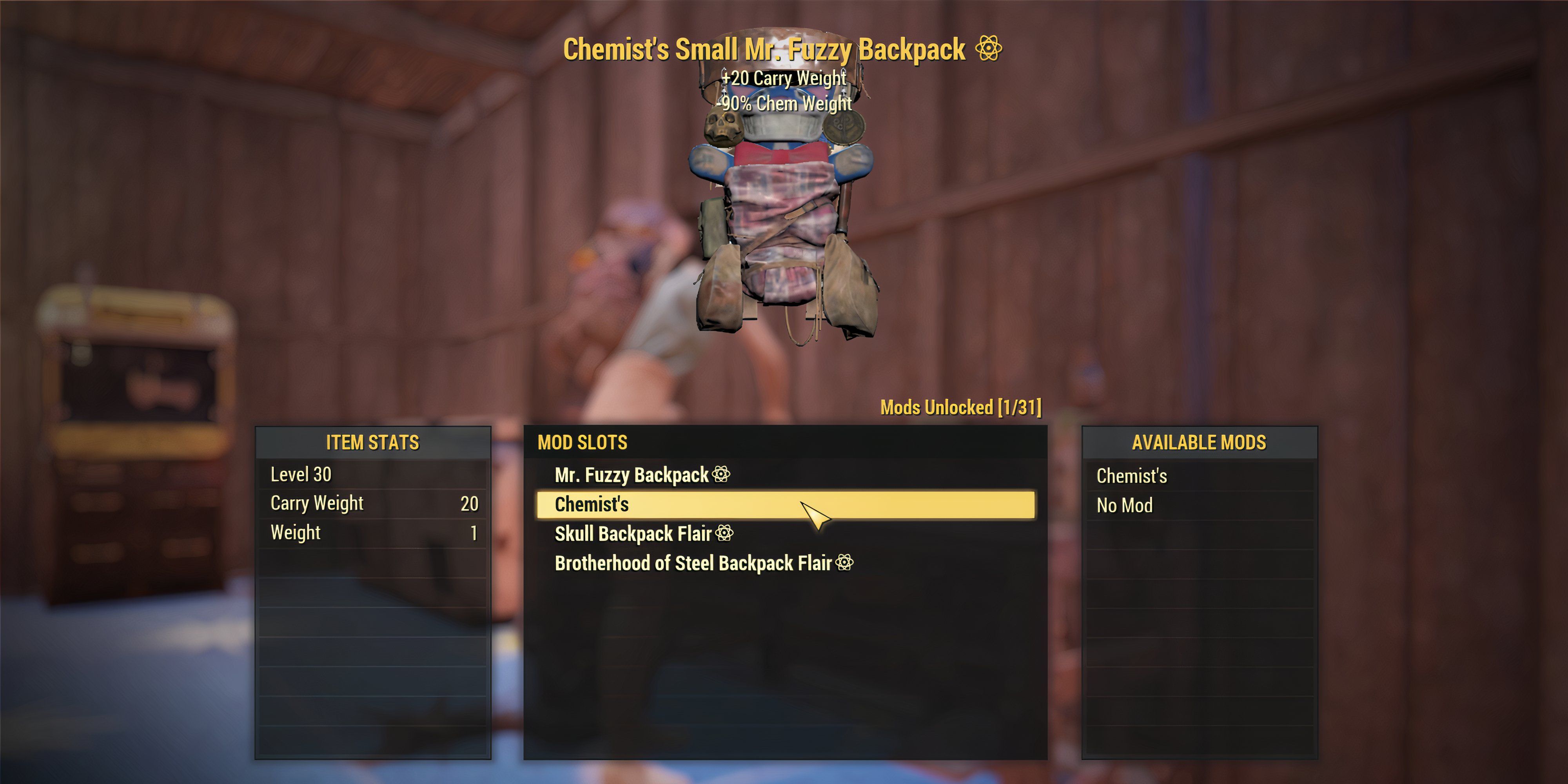 Adding Chemist's Mod to Backpack in Fallout 76