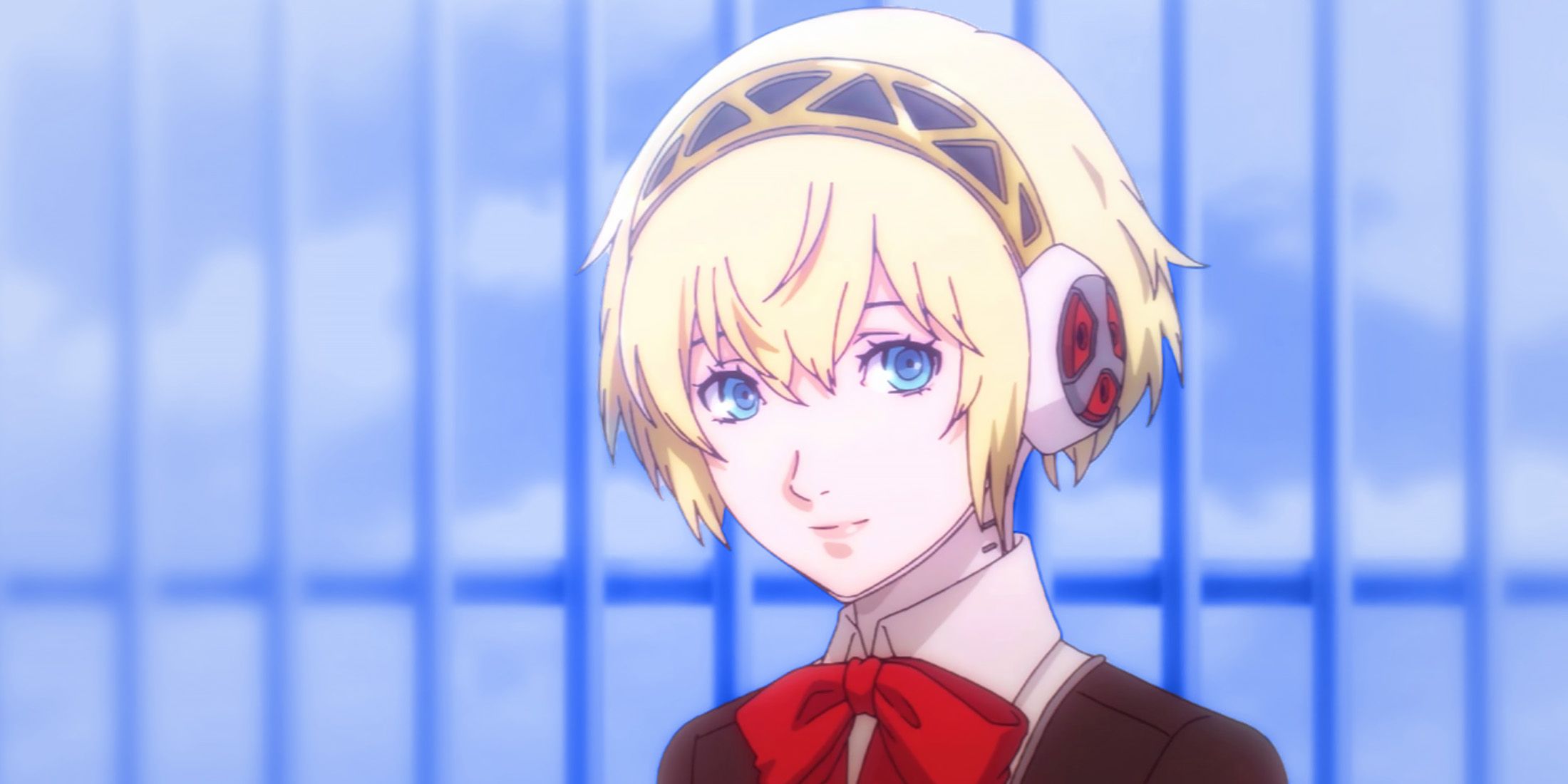 Aigis smiling on school rooftop medium close-up Persona 3 Reload ending screenshot blue background