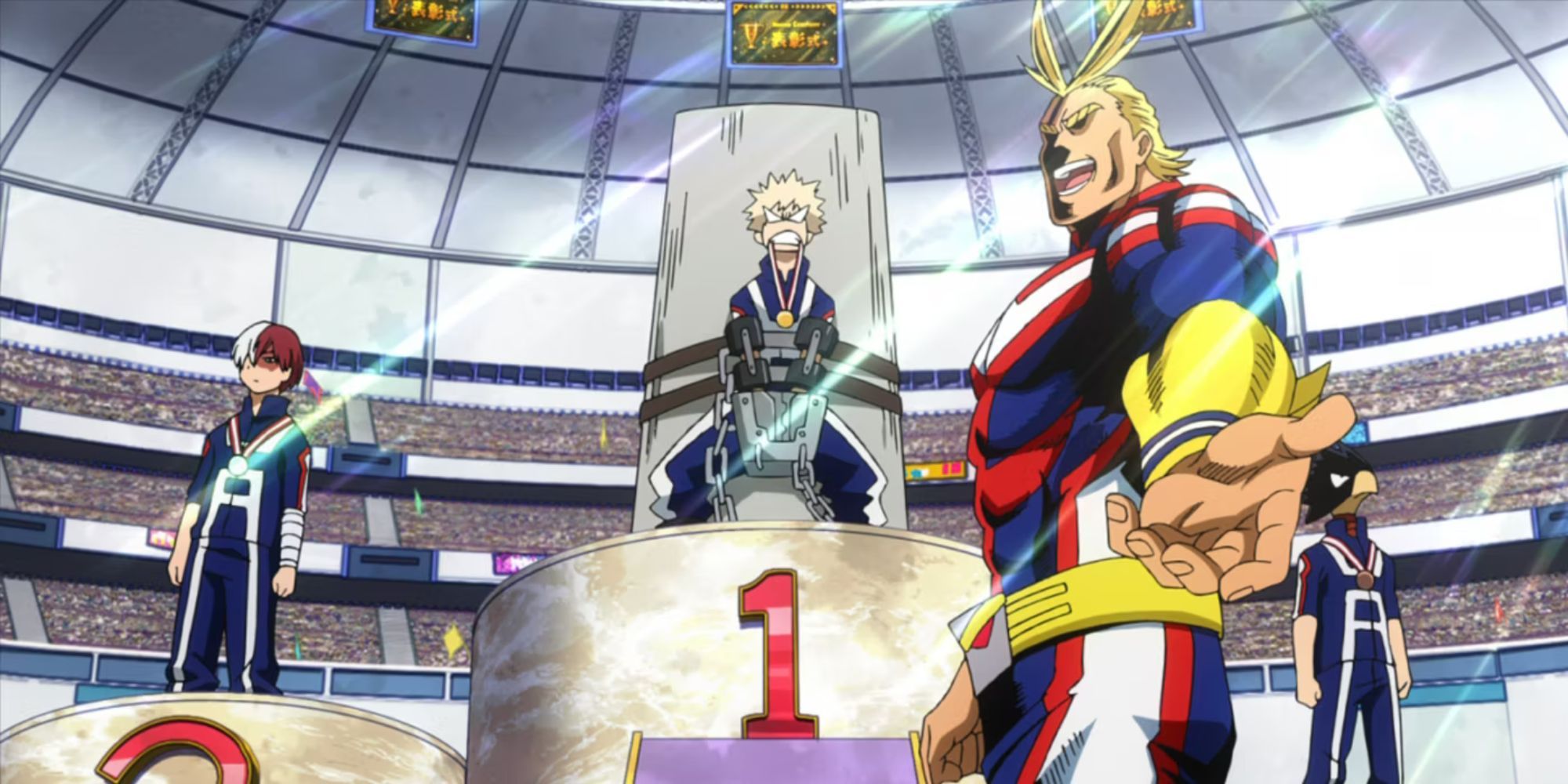 All Might awards the winners of the Sports Festival, Tokoyami in 3rd place, Todoroki in 2nd place and Bakugo in 1st place.