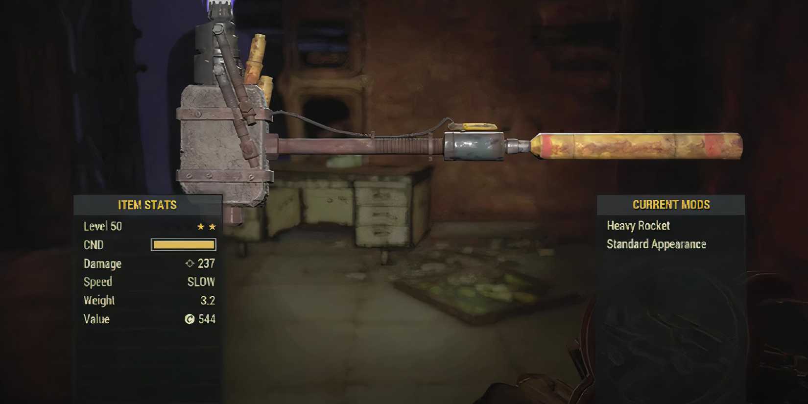 Inspecting the All Rise super sledge melee weapon in Fallout 76