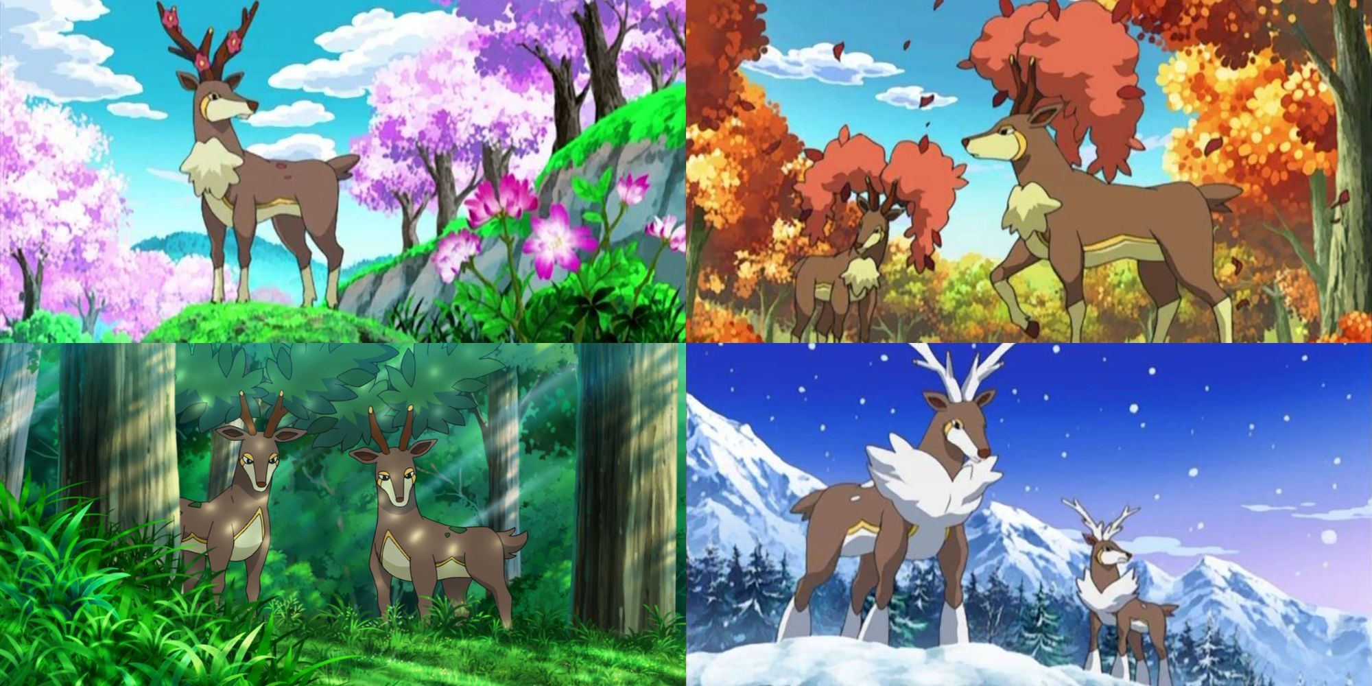 All the Sawsbuck seasonal forms (Spring, Autumn, Summer and Winter) in the Pokemon anime.