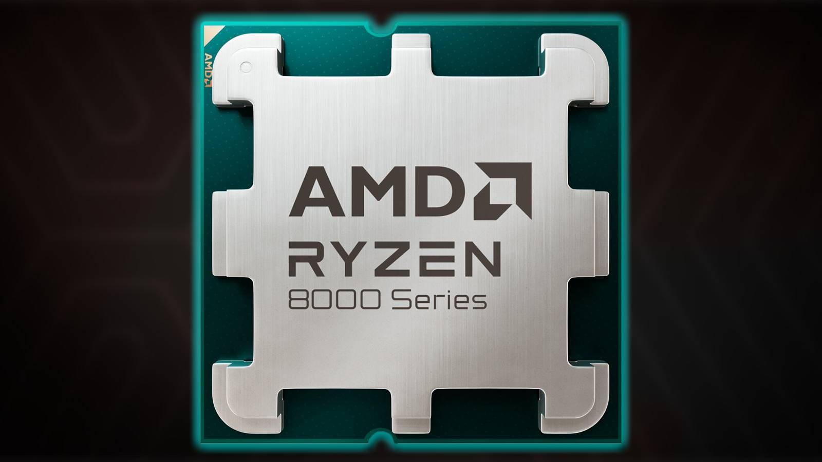 AMD Ryzen 7 8700F 8000 Series teal outer glow on dark gray blurred abstract background