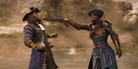 Aphra pointing a gun in GreedFall