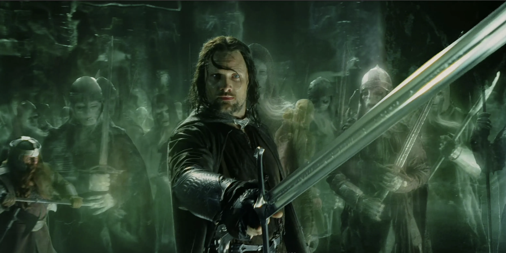 Aragorn held a sword with an army of the dead behind him in a lotr