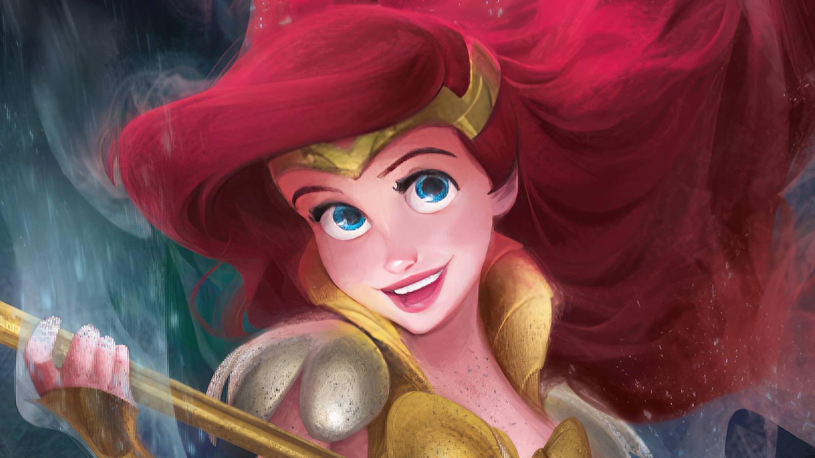 Ariel Sonic Warrior by noc4urne Disney Lorcana card artwork upscaled close-up crop smiling with a spear