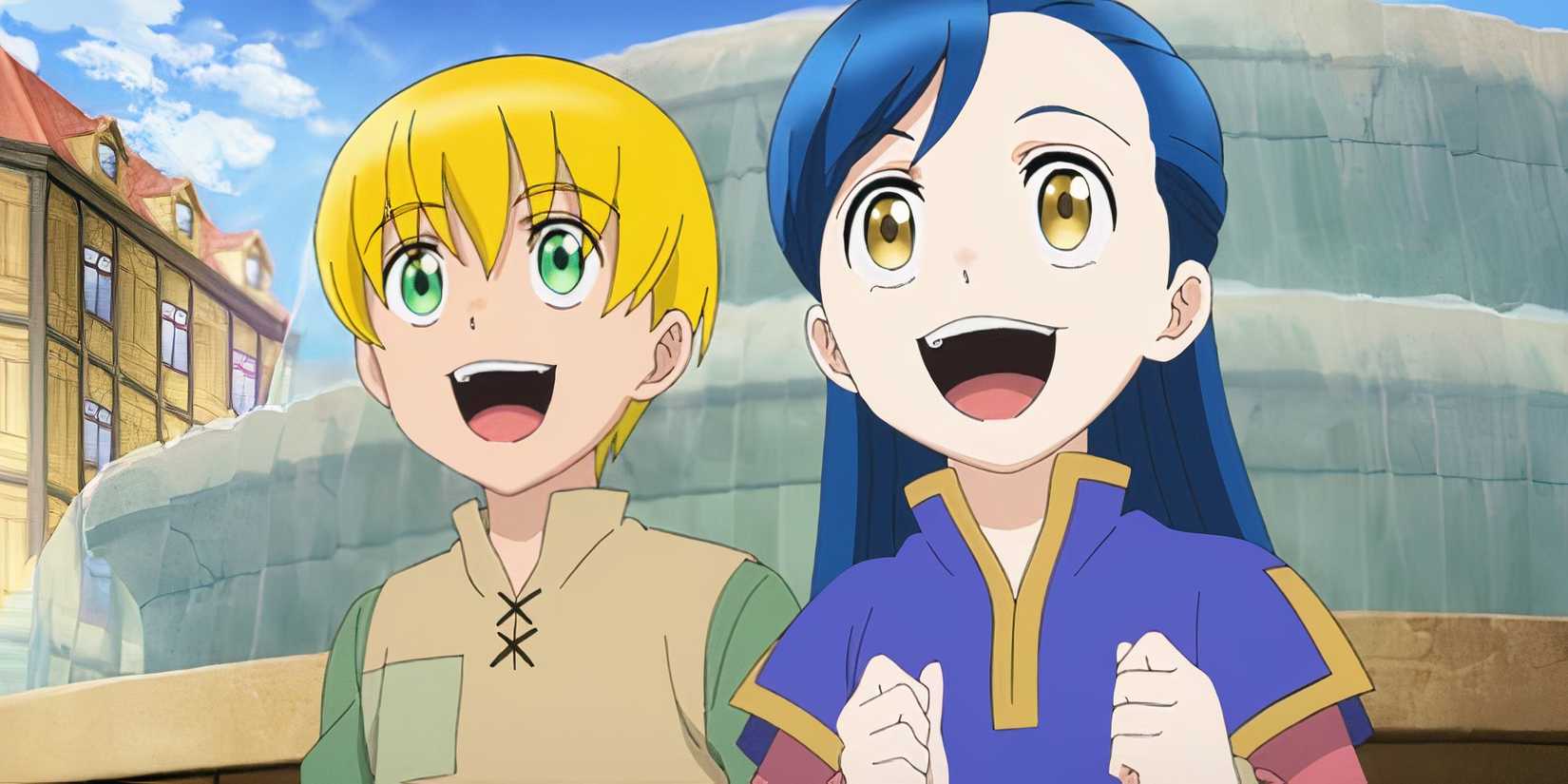 Myne and a supporting character in Ascendence of a Bookworm, looking very happy.