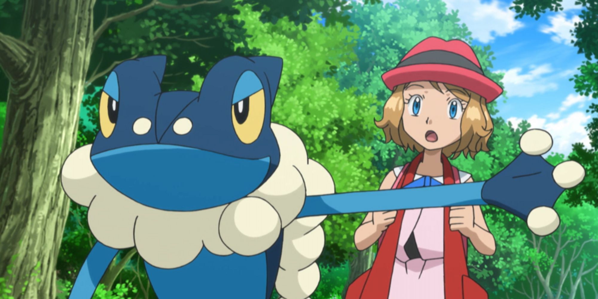 Ash's Frogadier protects Serena.