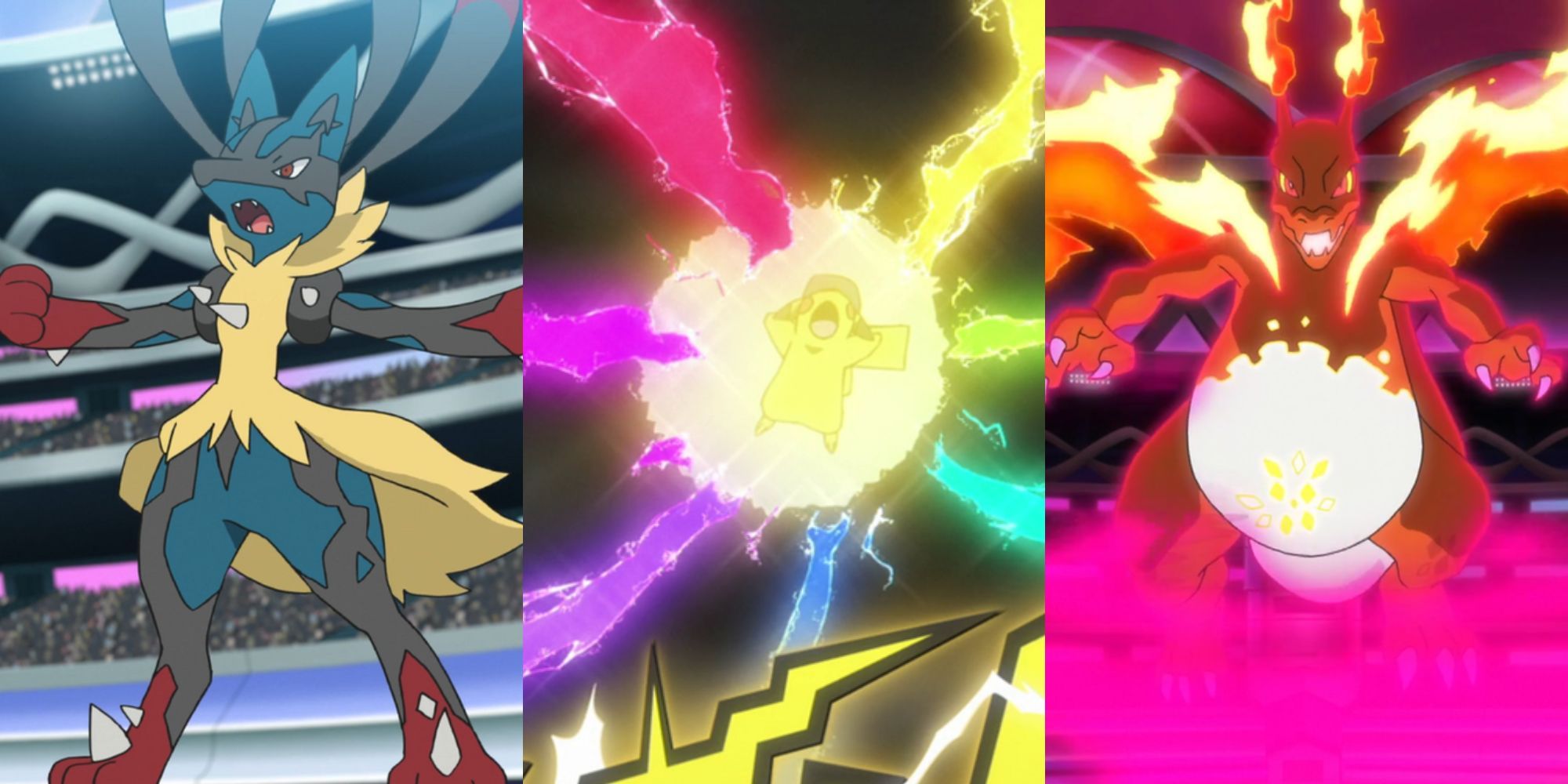 Ash's Lucario Mega Evolving, Ash's Pikachu using a Z-Move and Leon's Charizard Gigantamaxing.