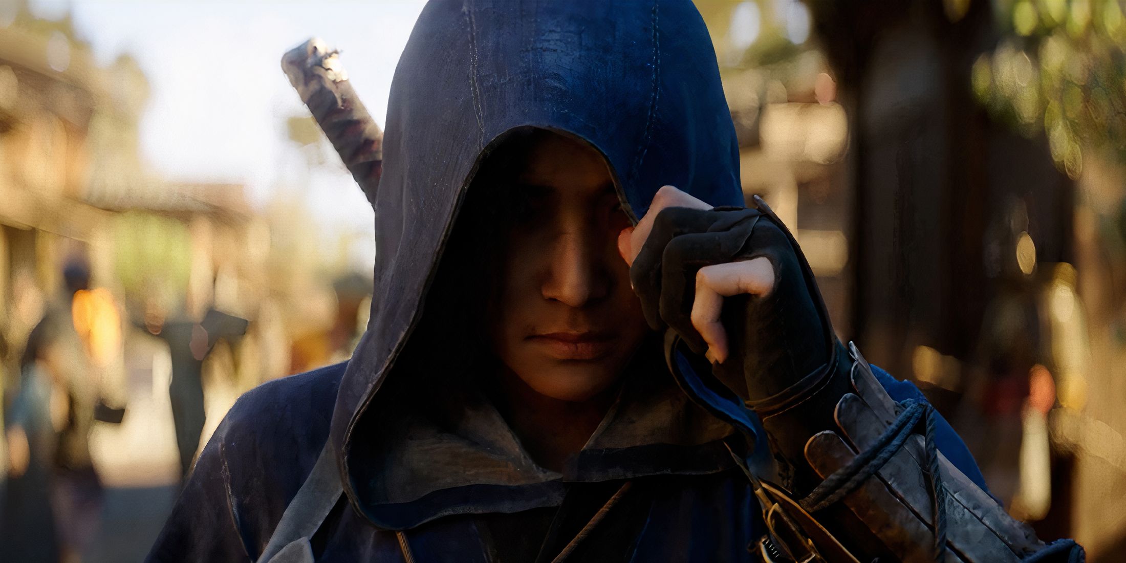 Assassin's Creed Shadows' Naoe putting on her hood
