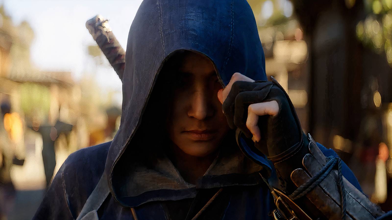 Assassin's Creed Shadows' Naoe putting on her hood