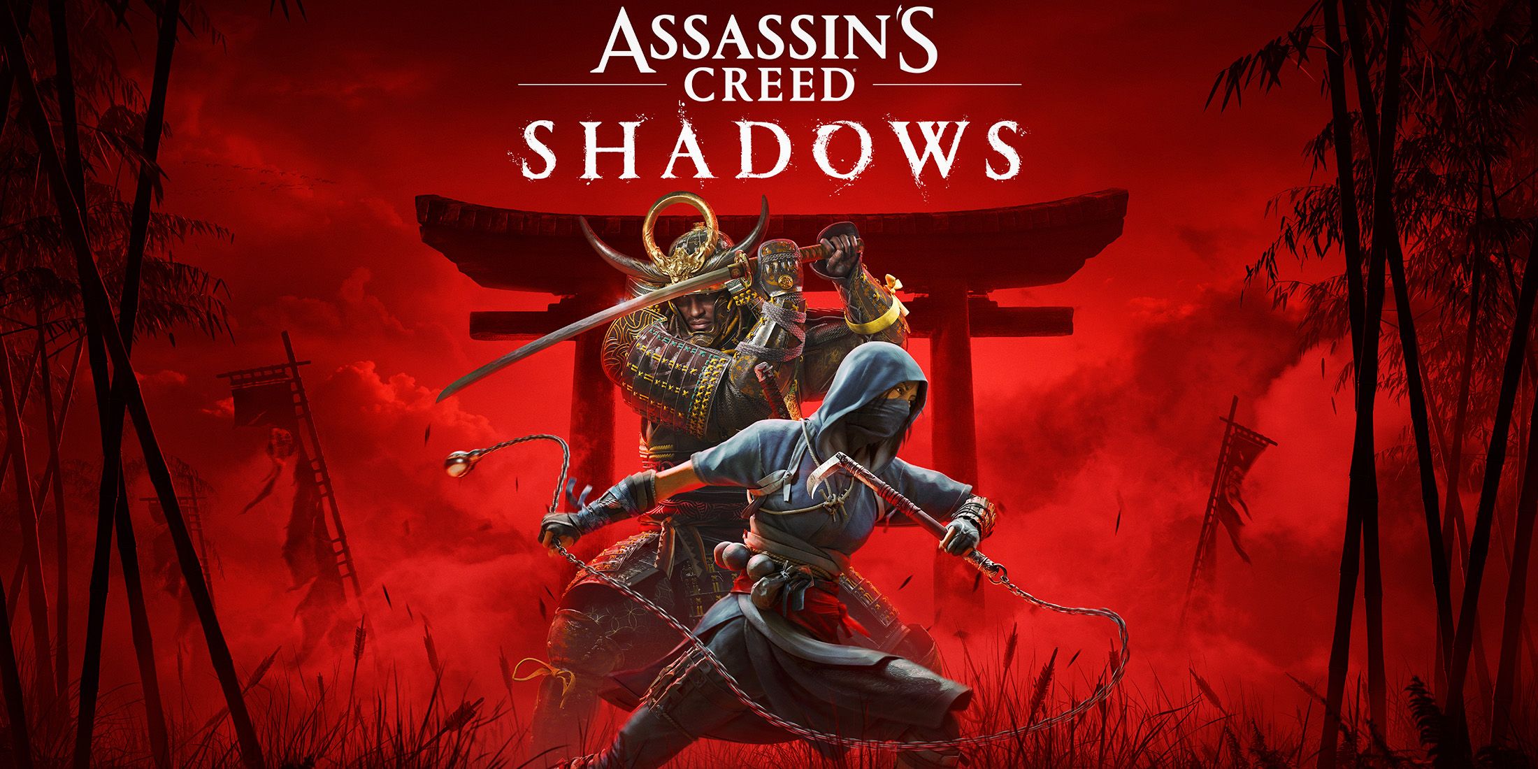 Assassin's Creed Shadows red key art Naoe and Yasuke beneath game logo